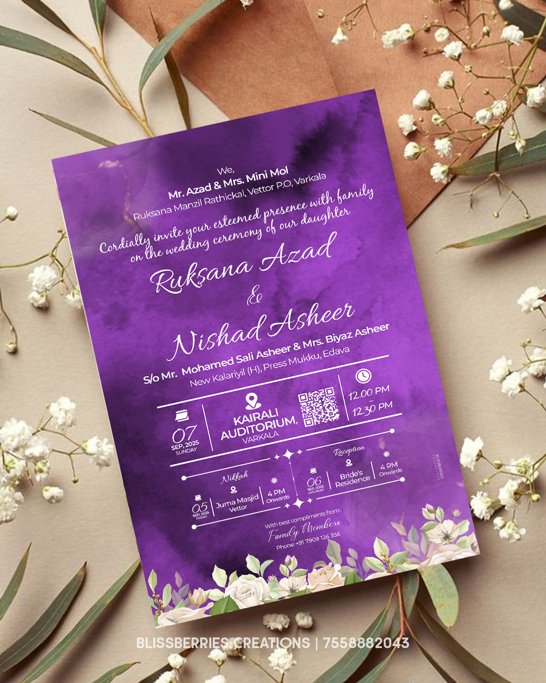 Elegant Purple Floral Wedding Invitation Card