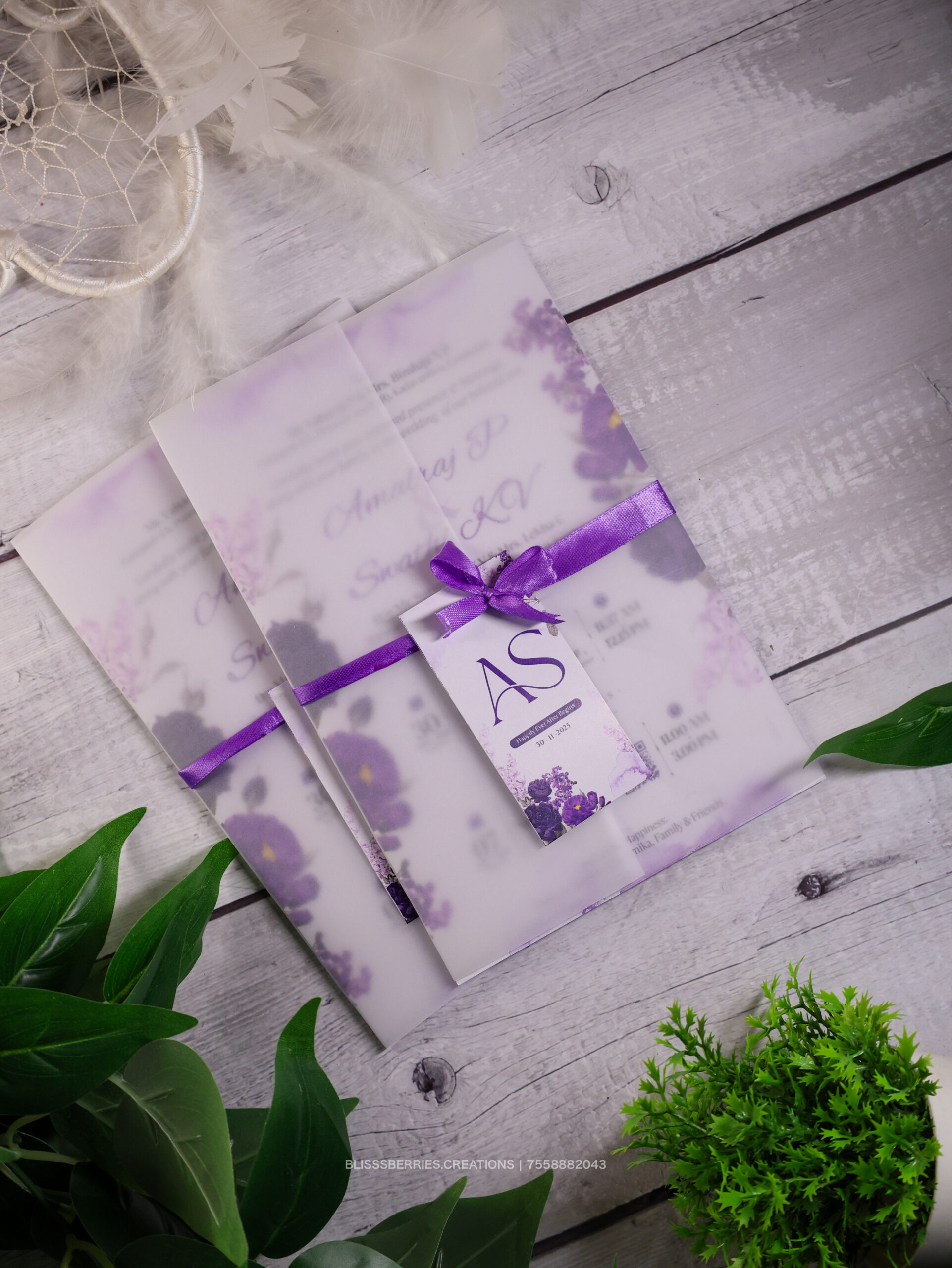 Elegant Transparent Fold Wedding Invitation with Ribbon & Tag – Customizable Colour