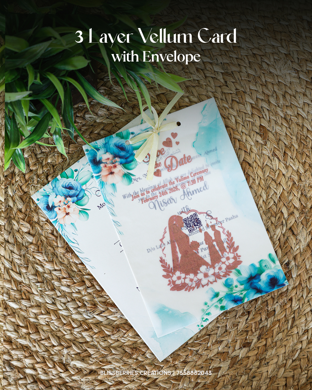 3 Layer Vellum Save The Date Wedding Card with Envelope - Blue Floral Translucent Invitation Card