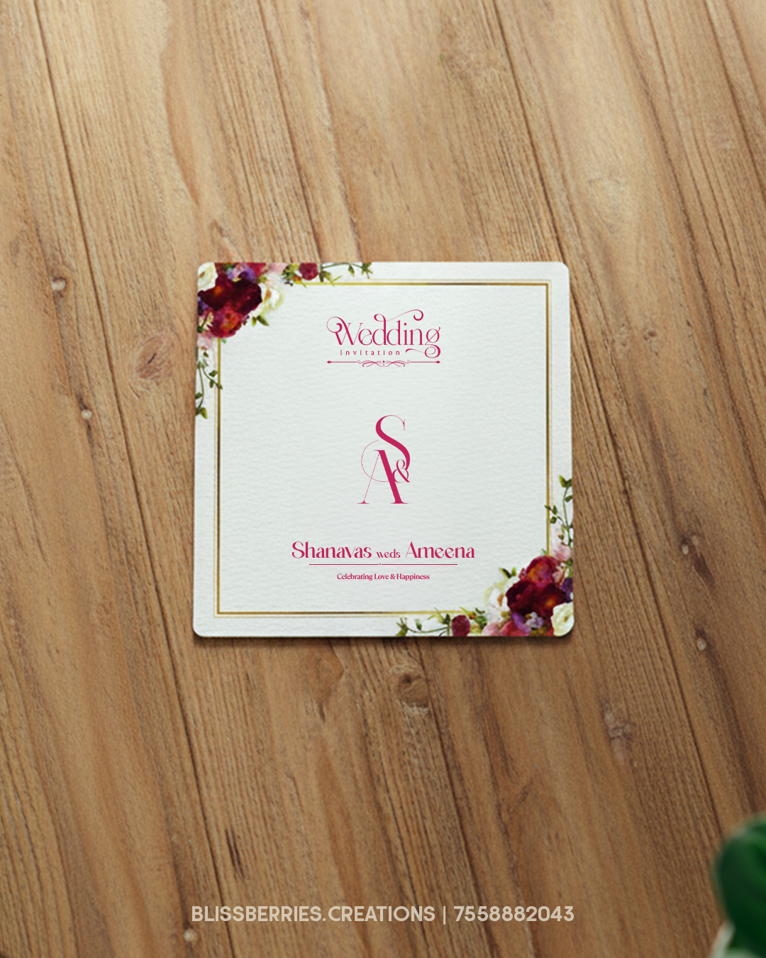 Square Wedding Card with Floral Border Design and Envelope - Image 3