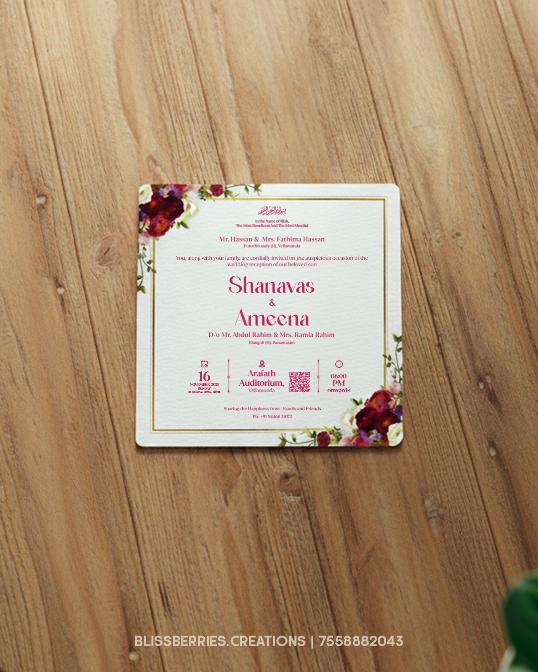 Square Wedding Card with Floral Border Design and Envelope - Image 2