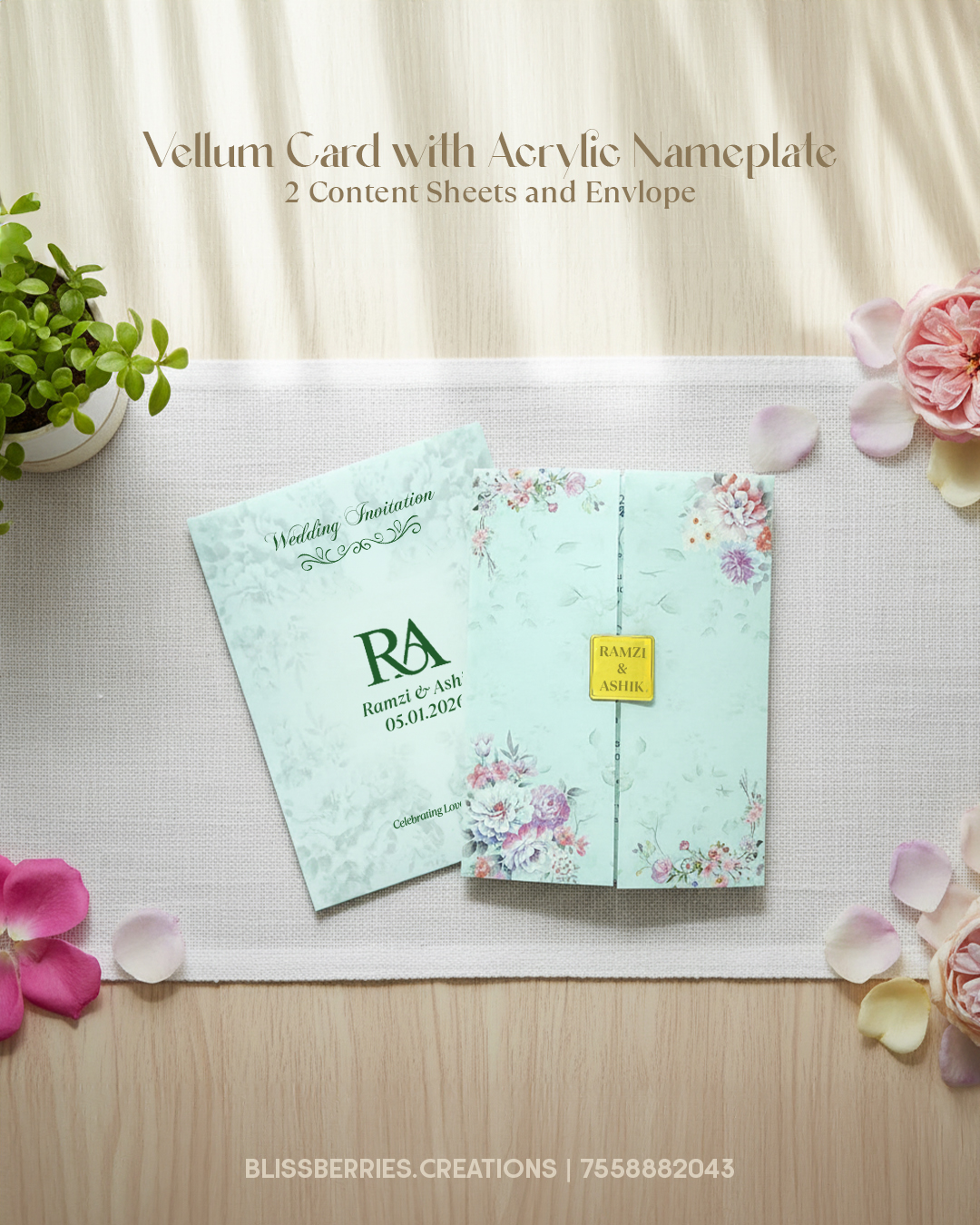 Vellum Floral Wedding Card with Acrylic Nameplate, Floral Design, Envelope & Dual Content Sheets