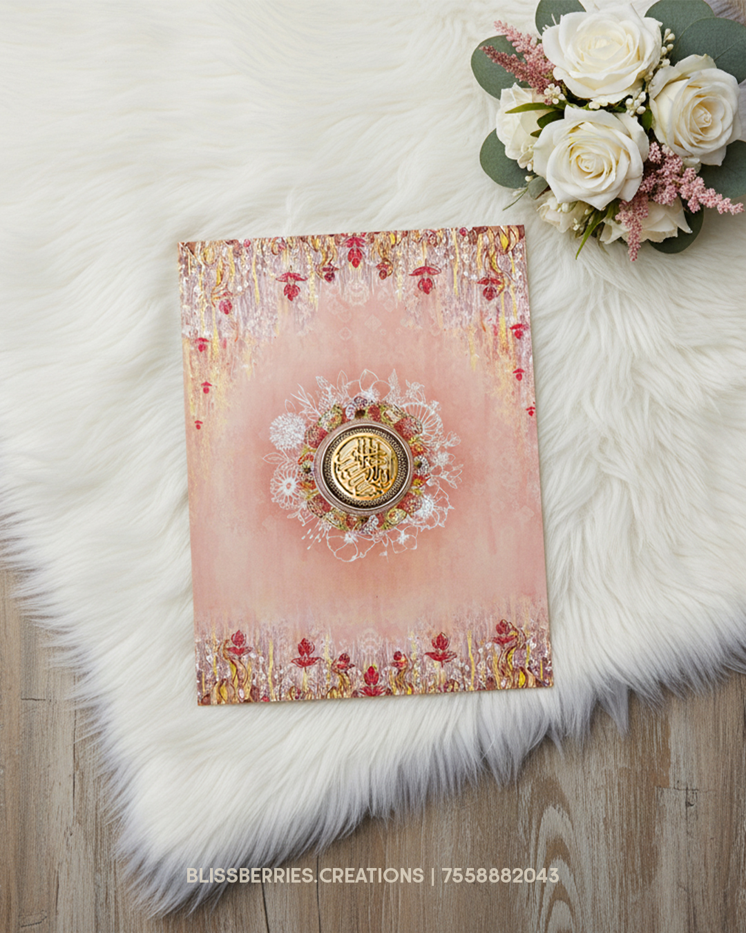 Floral Booklet Invitation with Golden Emblem & Envelope - Image 2