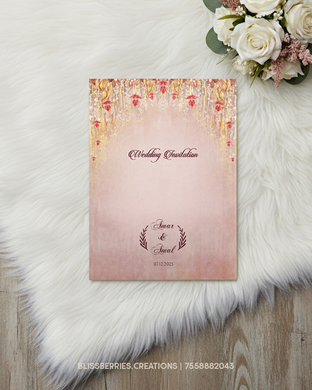 Floral Booklet Invitation with Golden Emblem & Envelope - Image 4