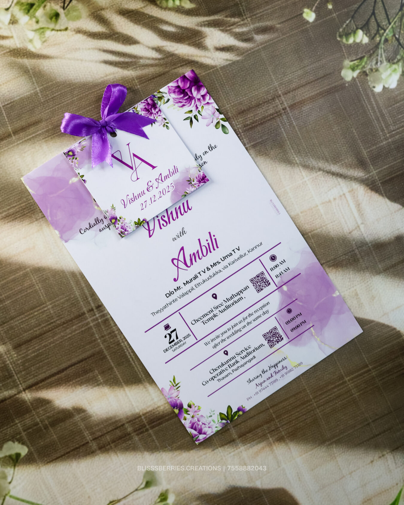 Lavendar Blossom– 2 Layer Wedding Invitation Card with Satin Ribbon
