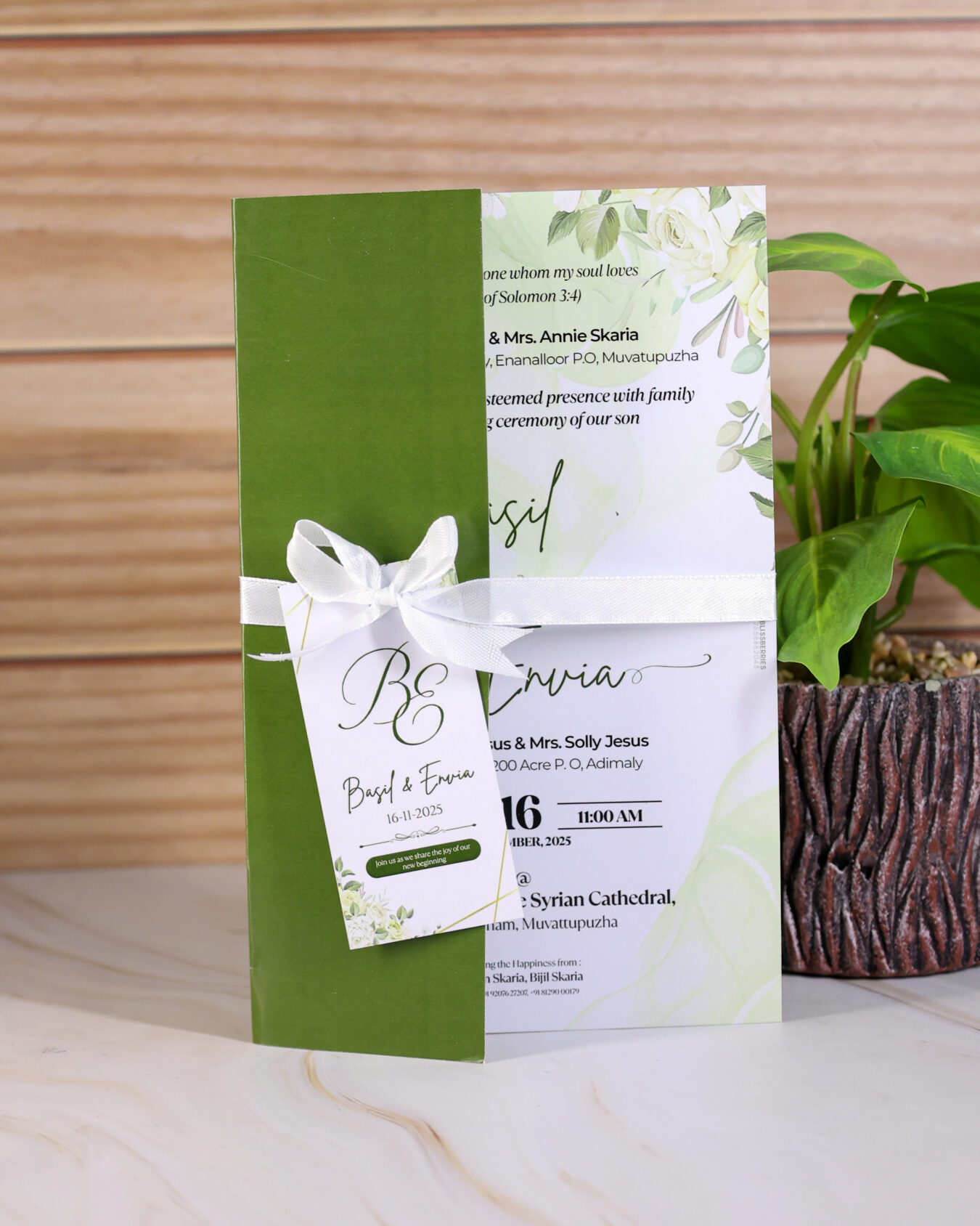 Green Folded Christian Wedding Invitation Card with Tag – Elegant Minimal Design​