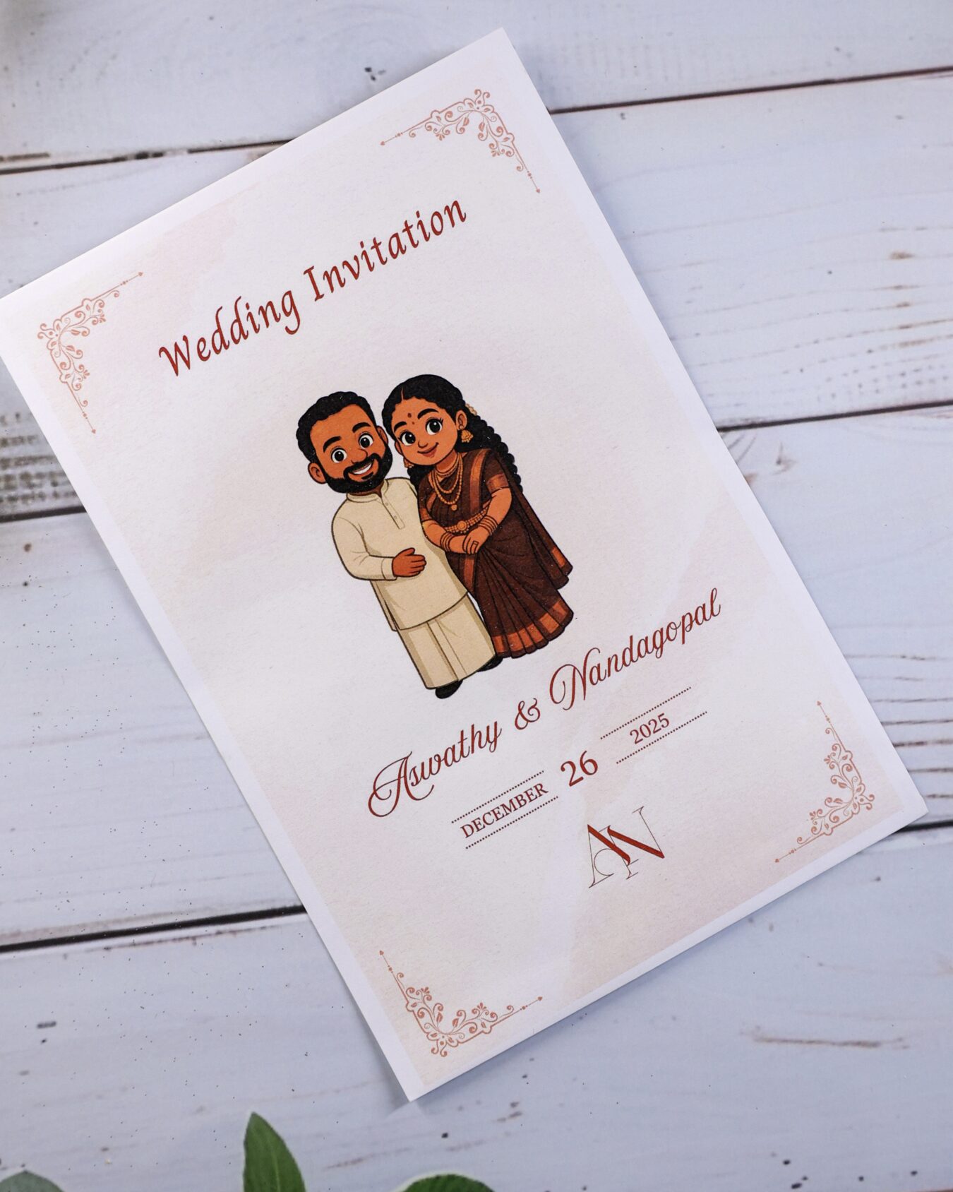 Customized Caricature Single Layer Wedding Card With Envelope