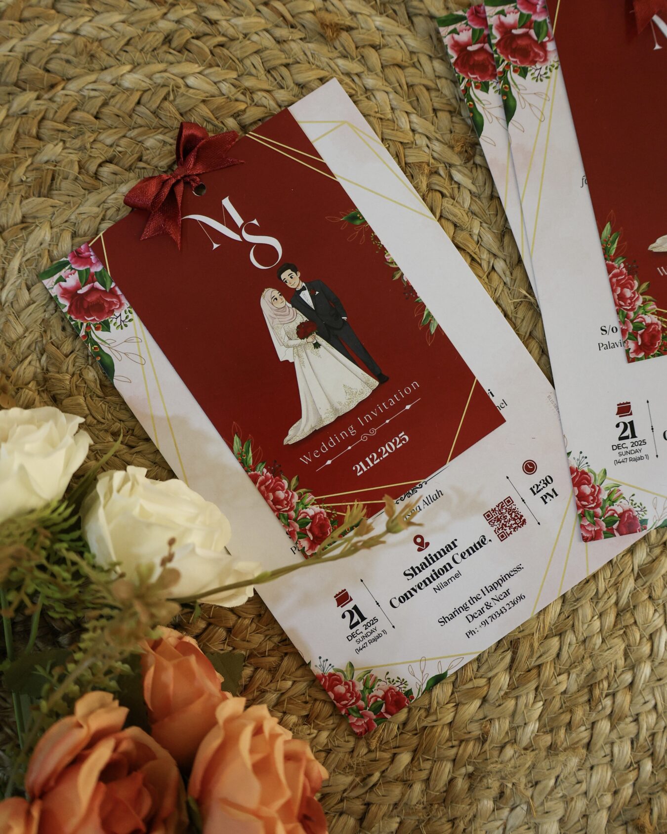 2 Layer Ribbon Maroon Card Wedding Invitation