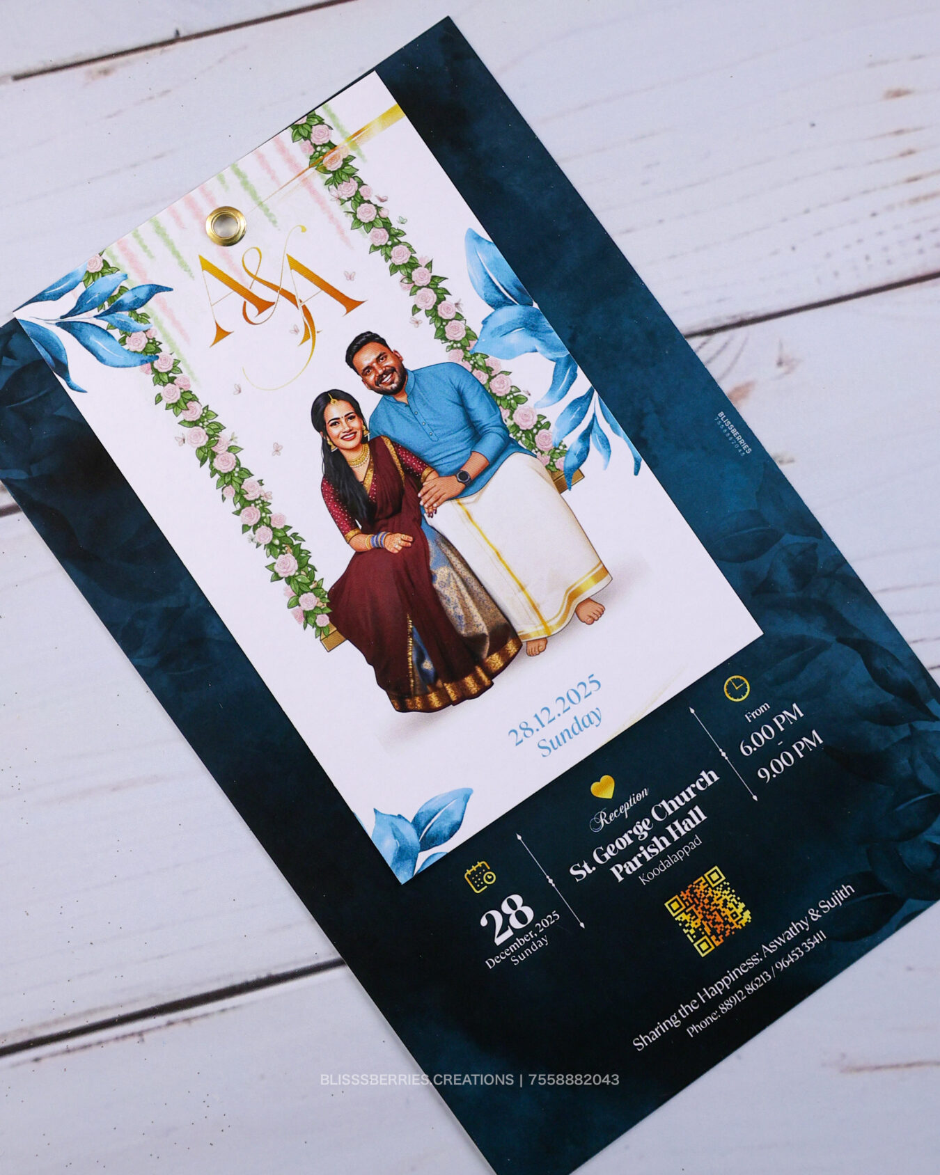 2 Layer Blue Card Wedding Invitation - Couple Caricature