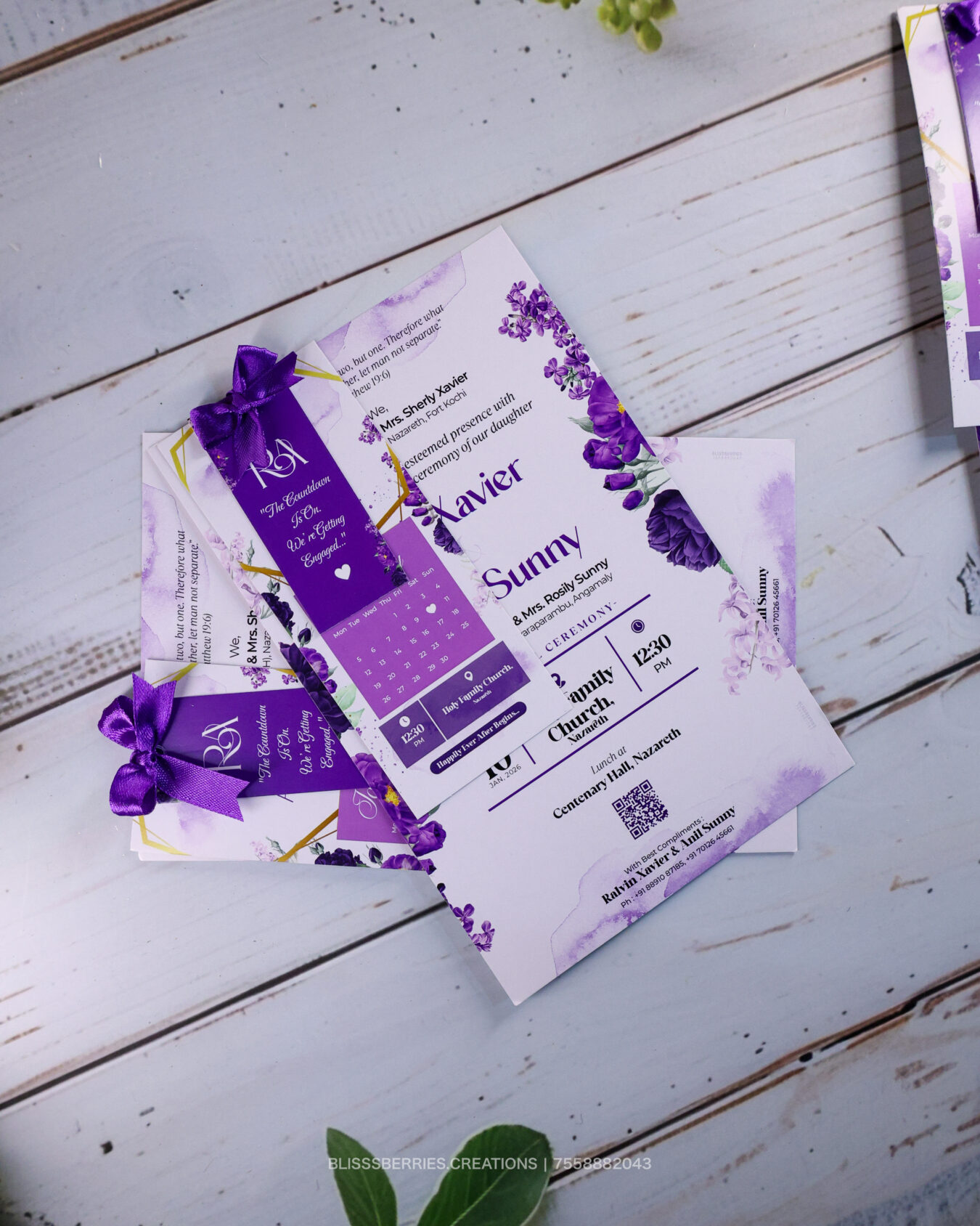 Elegant English Text Layered Design - 3 Layer Purple Christian Wedding Invitation Card