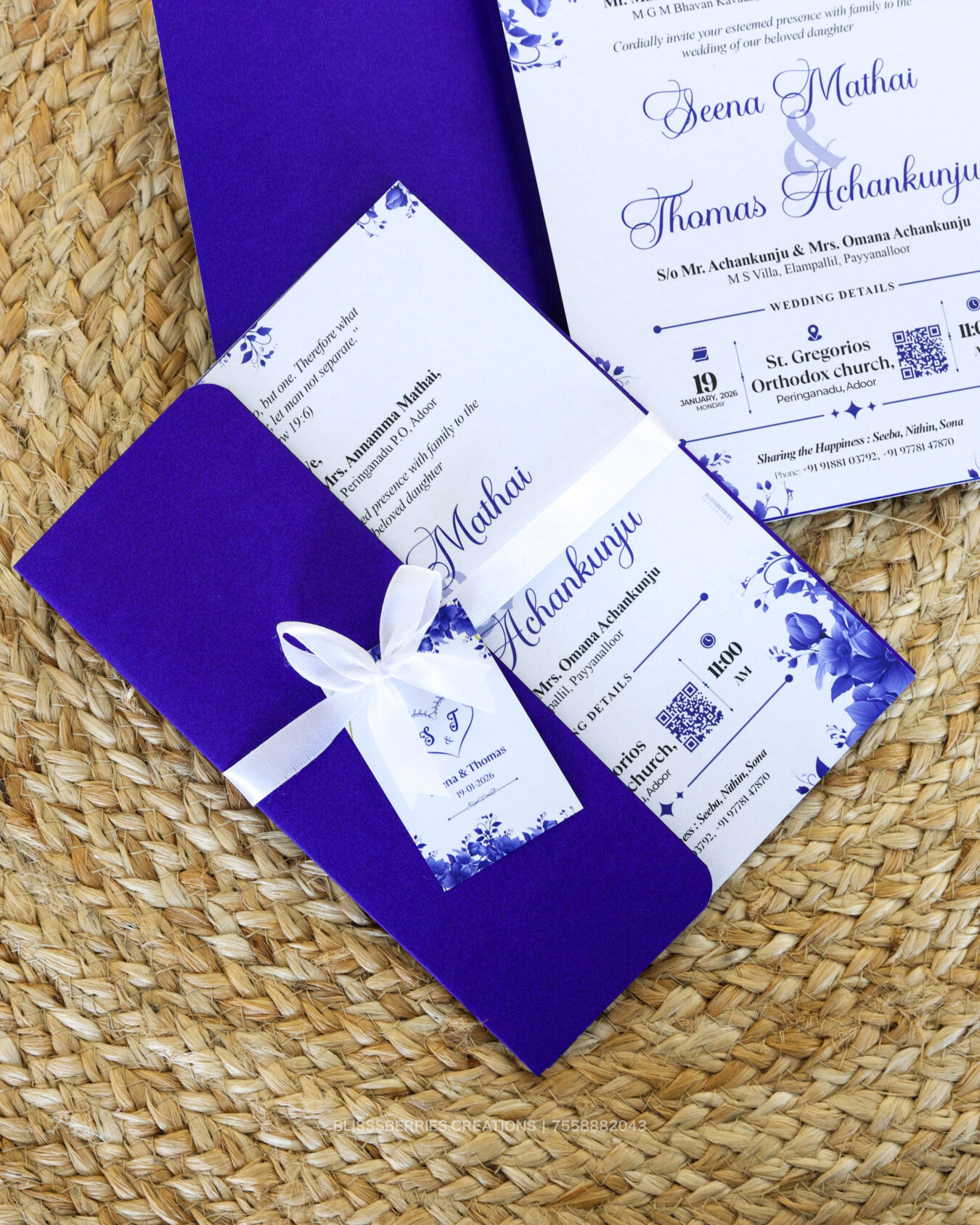 BlueFaith Tagfold – Christian Blue Fold Wedding Invitation with Hanging Tag, Elegant Church Wedding Card