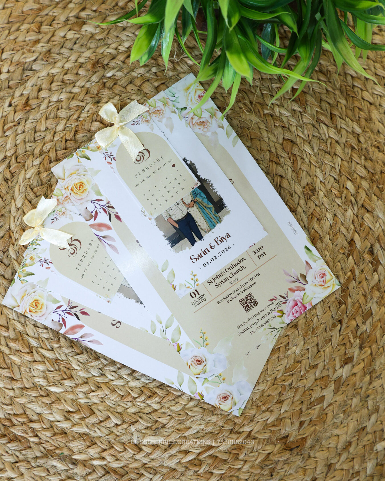 RibbonSandal Caricature Trinity Christian Wedding Card – 3 Layer Personalized Invitation with Ribbon.