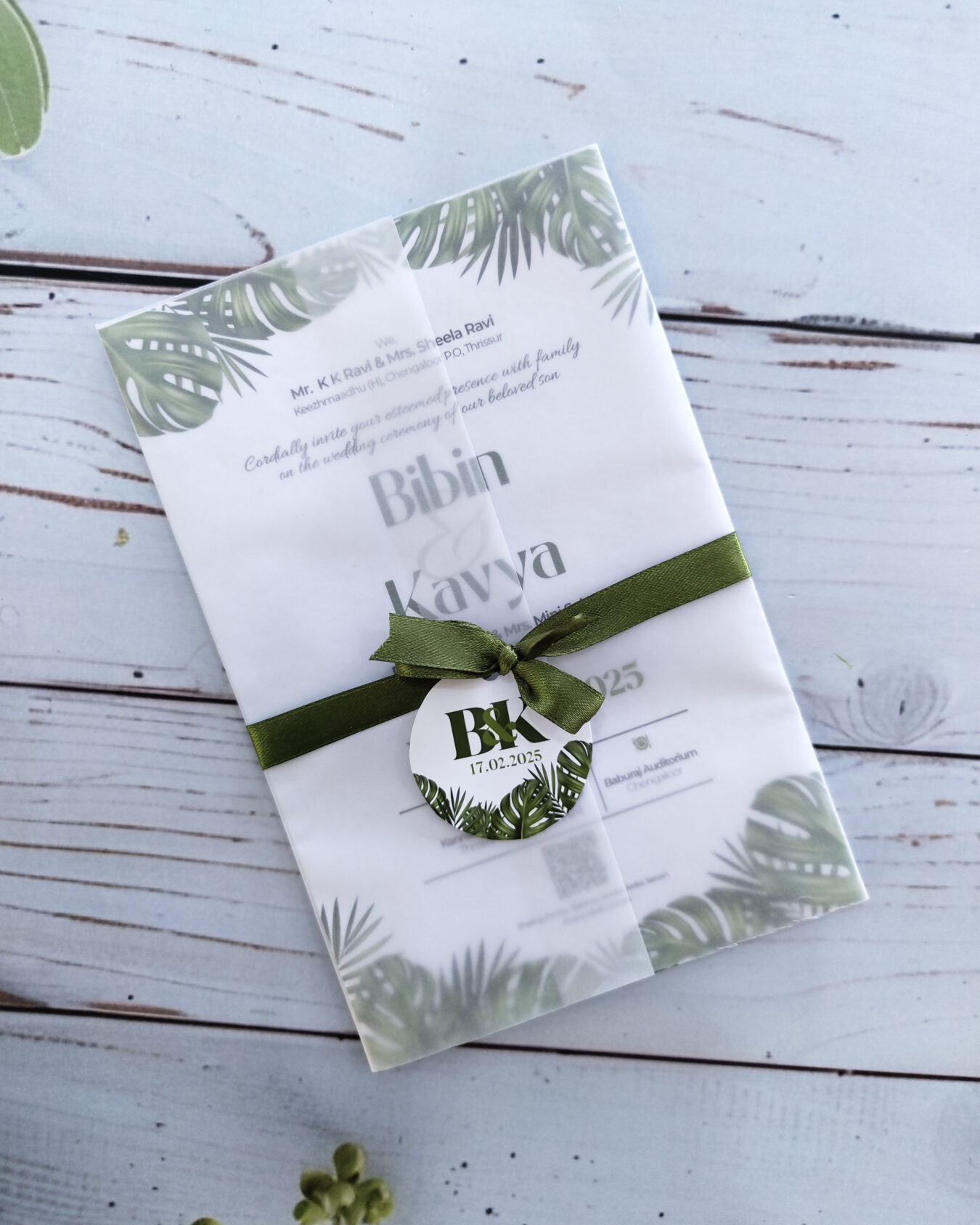 Leaf Veil Ribbon Whisper - Transparent Fold Wedding Invitation Card