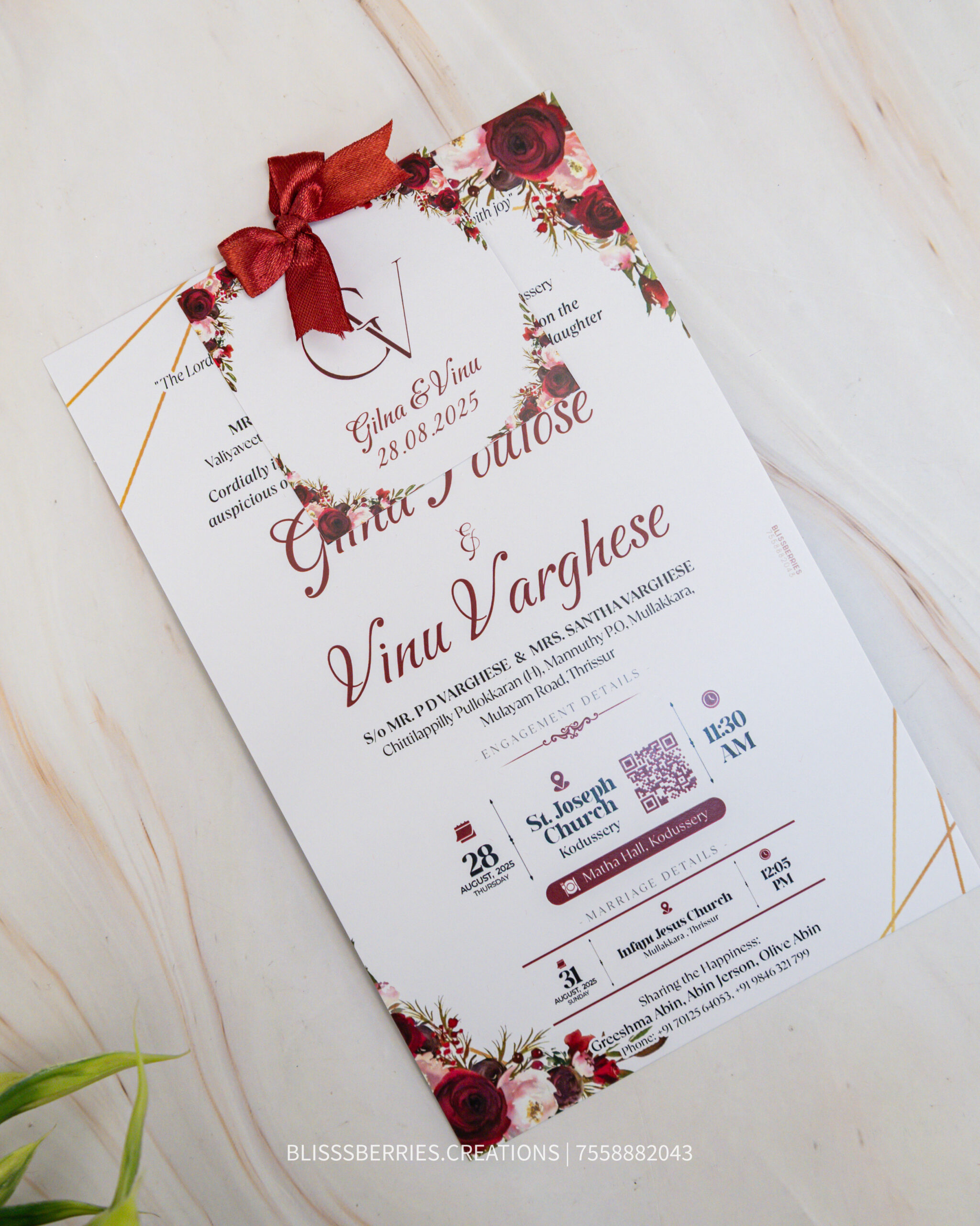 Red 2 Layer Wedding Invitation with Satin Ribbon