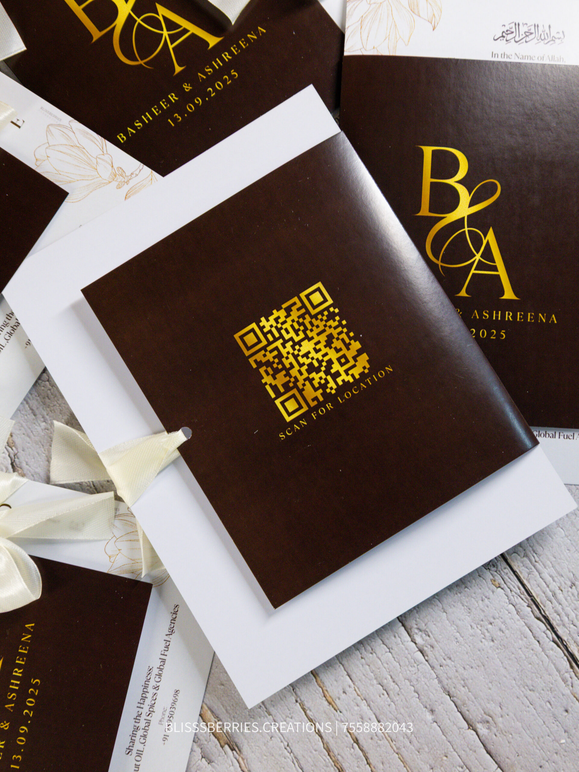 Wedding Invitation Card with Satin Bow,Elegant Gold Accents - Image 2