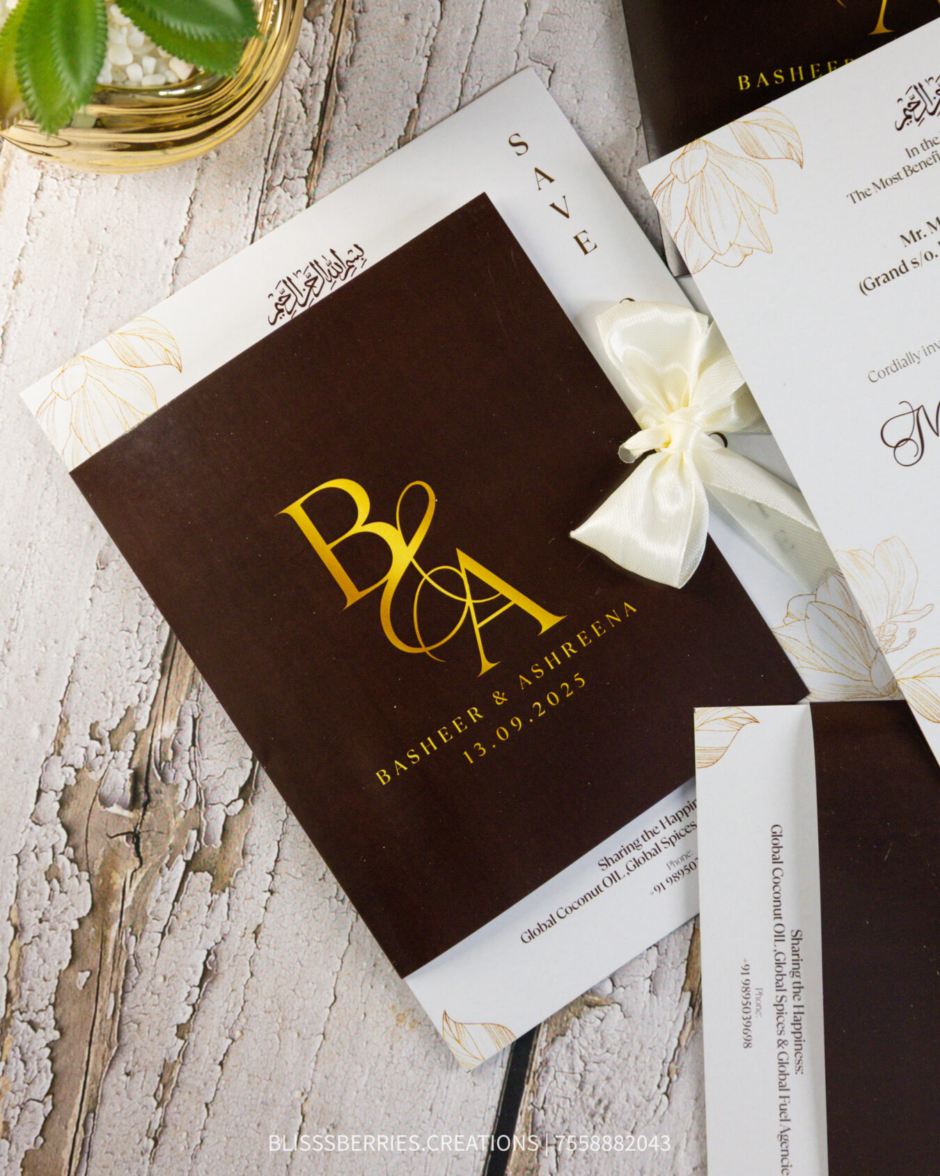 Wedding Invitation Card with Satin Bow,Elegant Gold Accents