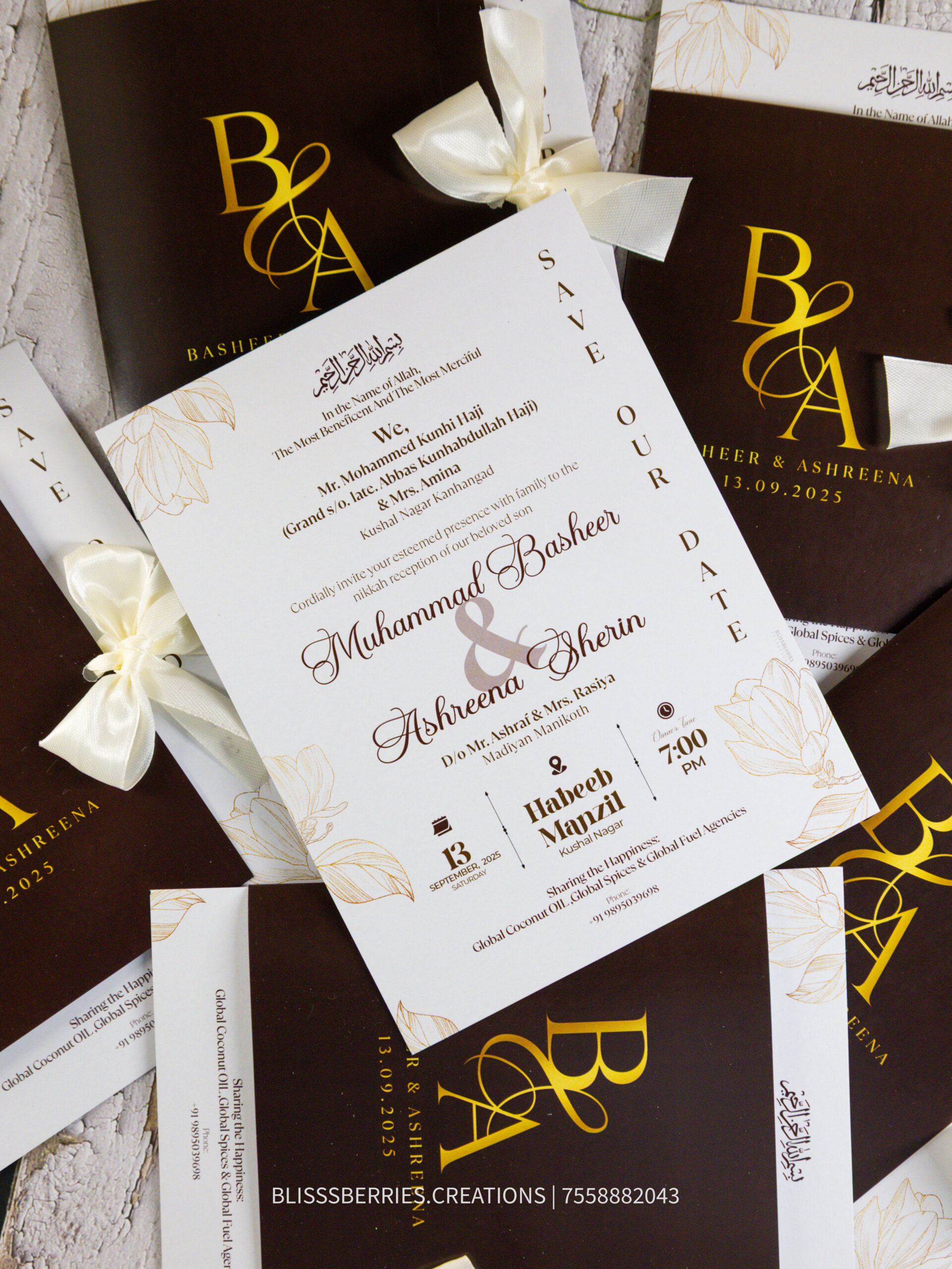 Wedding Invitation Card with Satin Bow,Elegant Gold Accents - Image 3