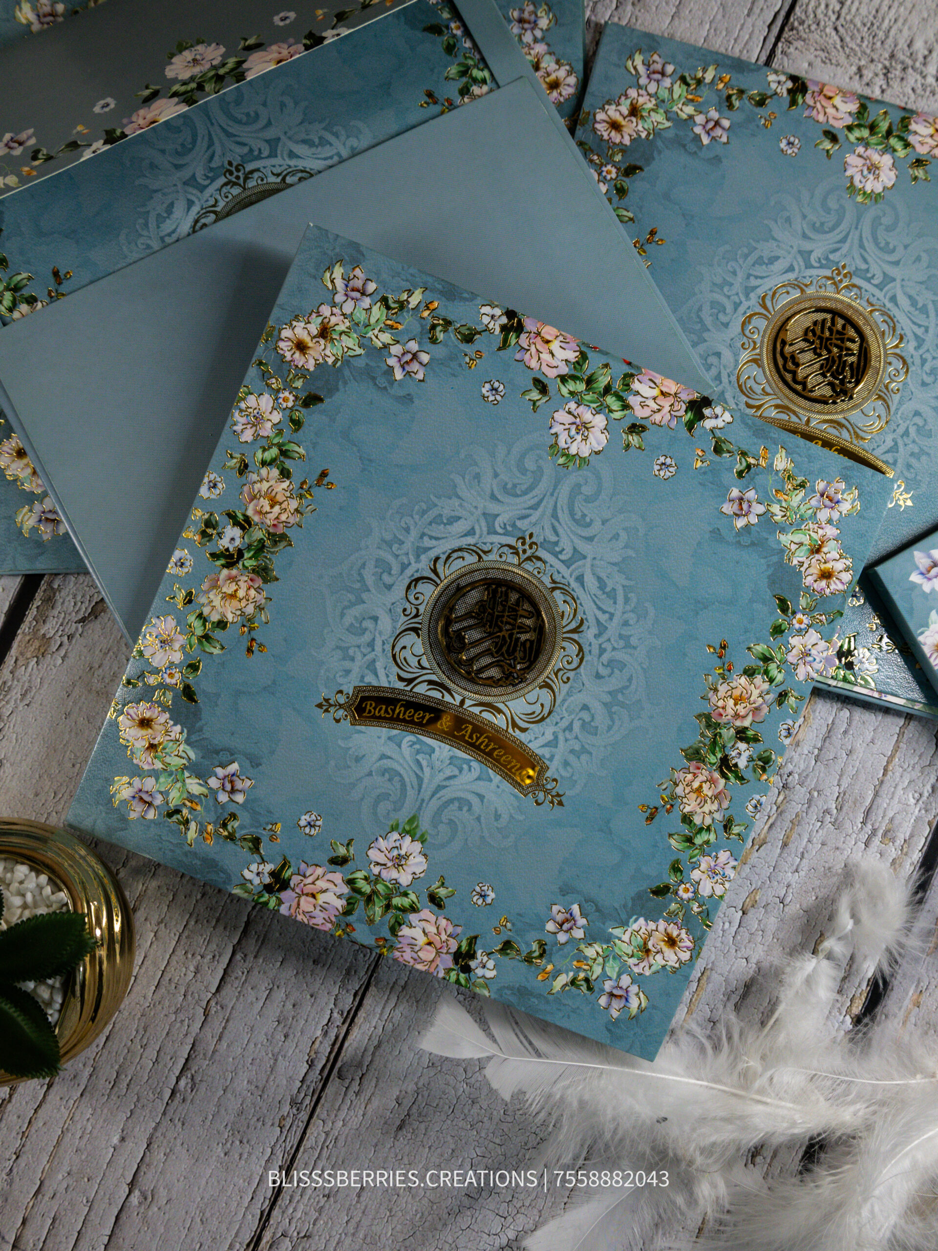 Azure Royale – Premium Blue Wedding Invitation Box, Luxury Card with Gold Accents