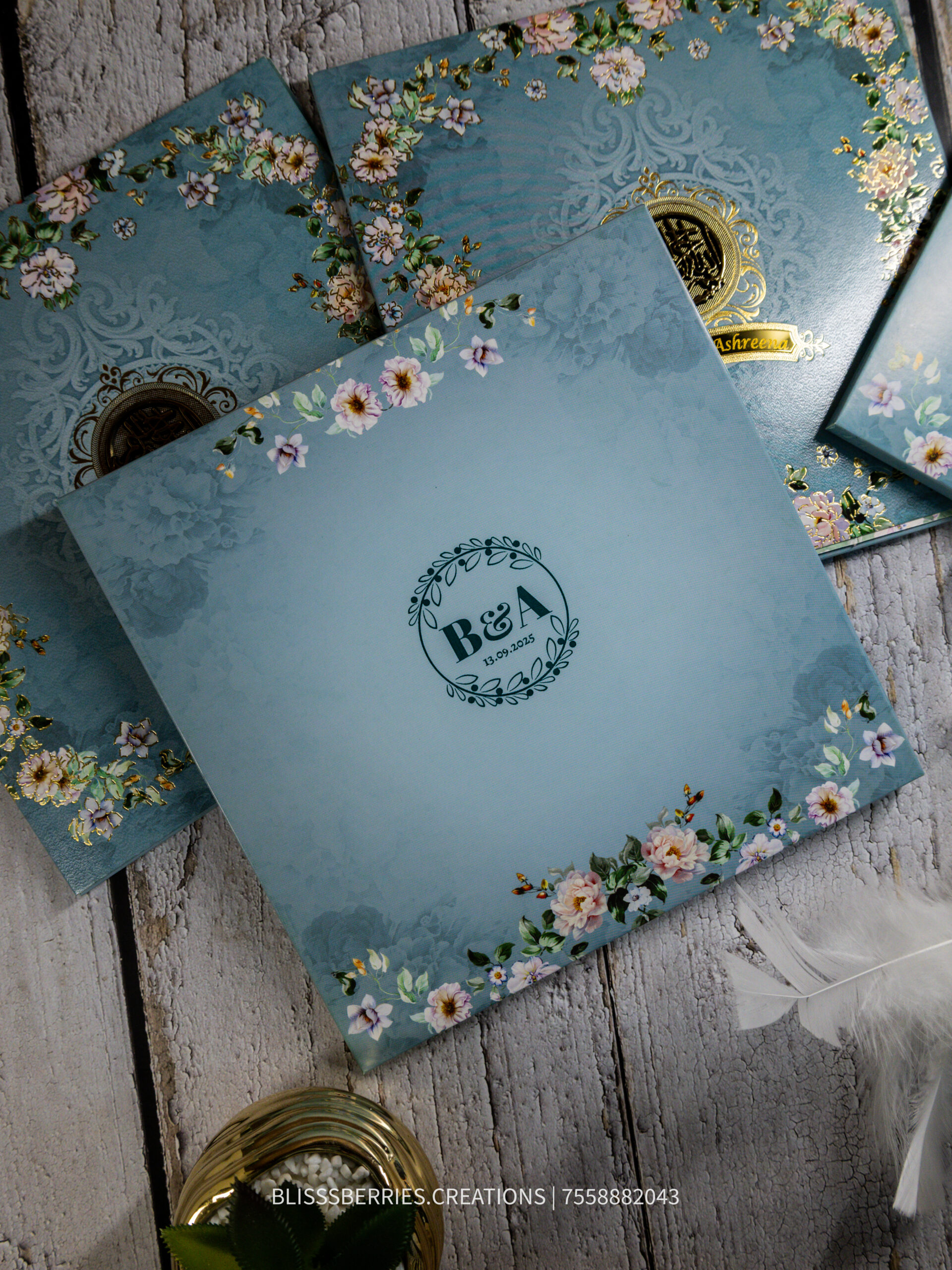 Azure Royale – Premium Blue Wedding Invitation Box, Luxury Card with Gold Accents - Image 3