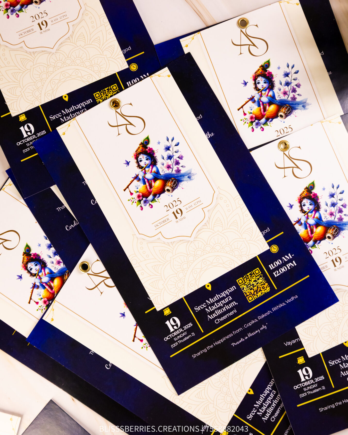 Lord Krishna - 2 Layer Blue Wedding Invitation with Rivet