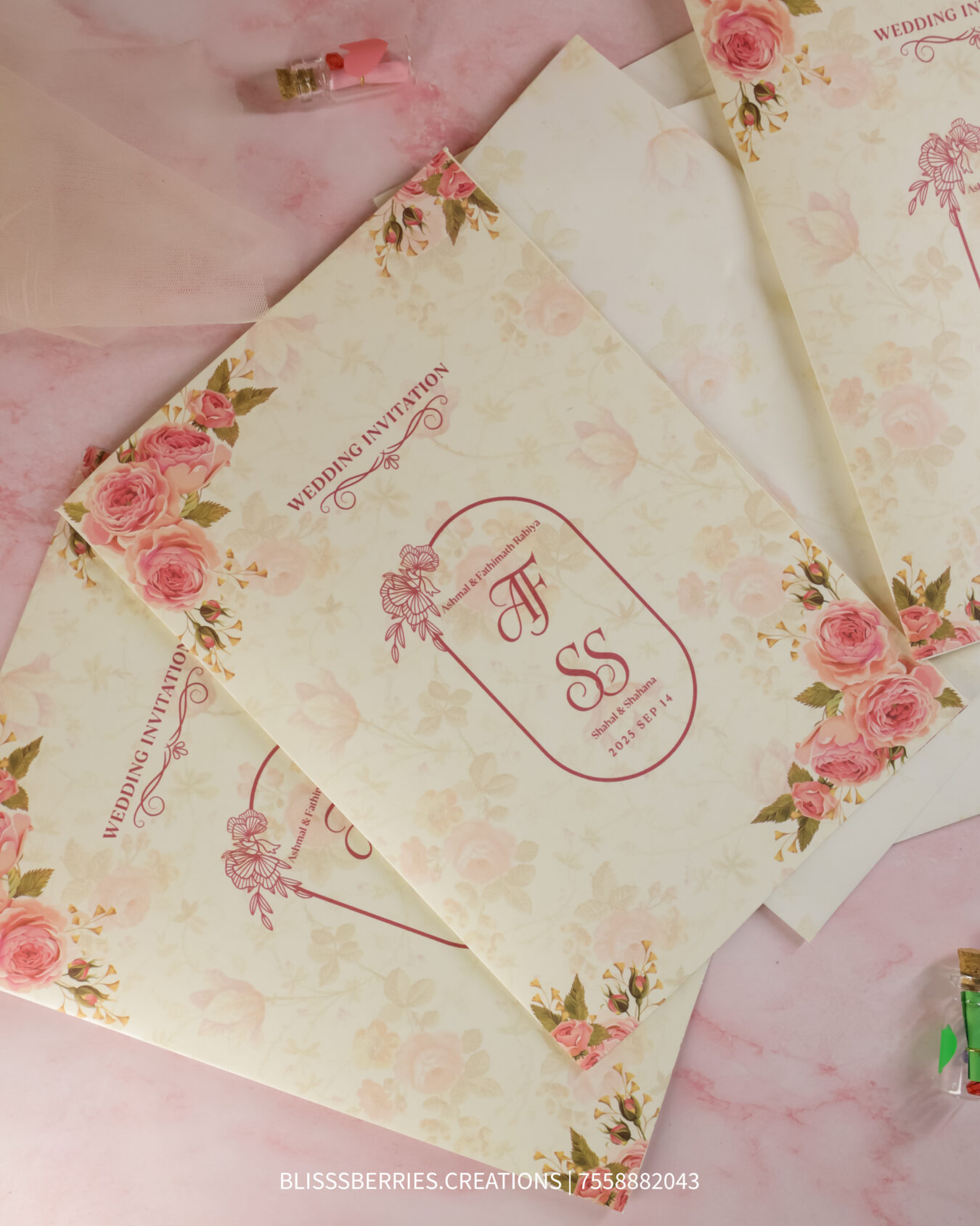 BlissBlush Floral – Pink Wedding Invitation Card with Envelope