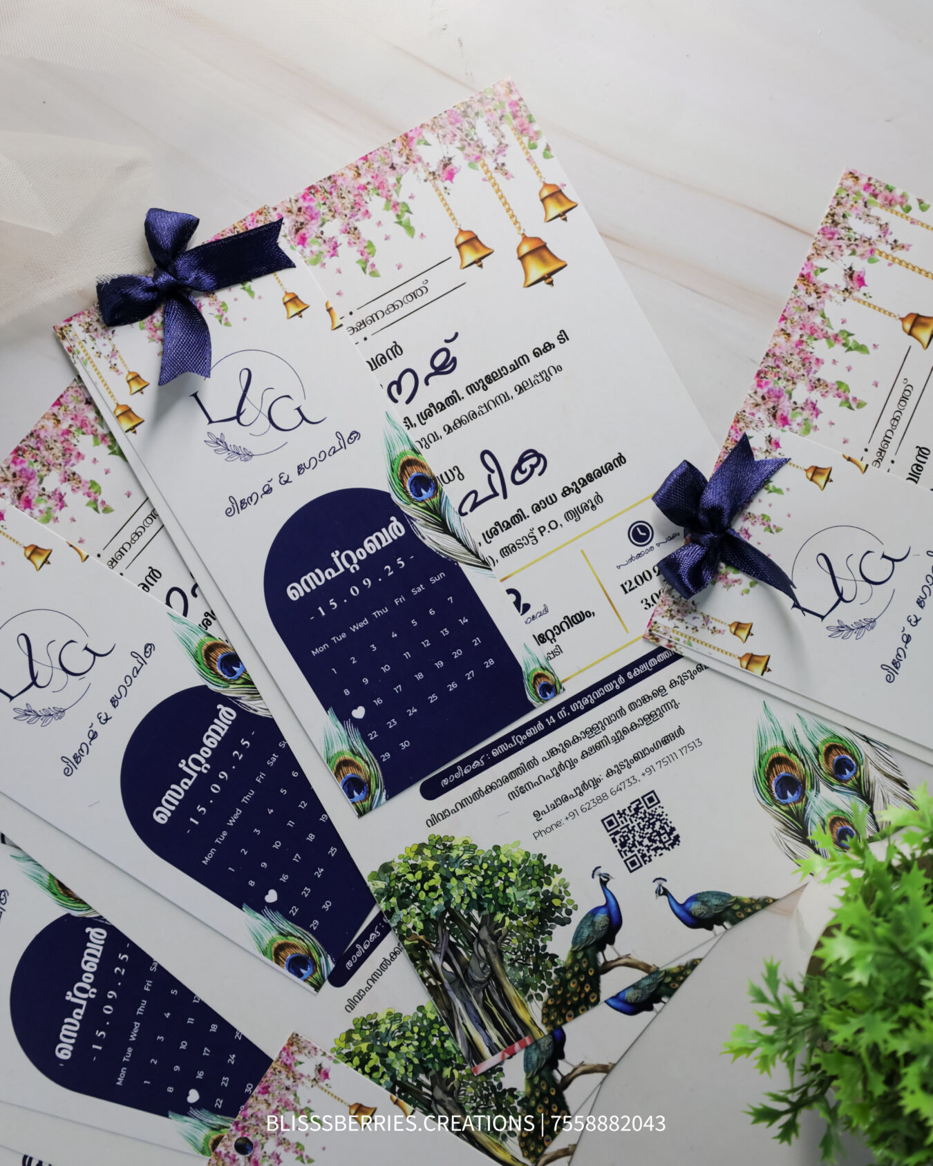 Elegant Peacock Wedding Invitation Card with Ribbon