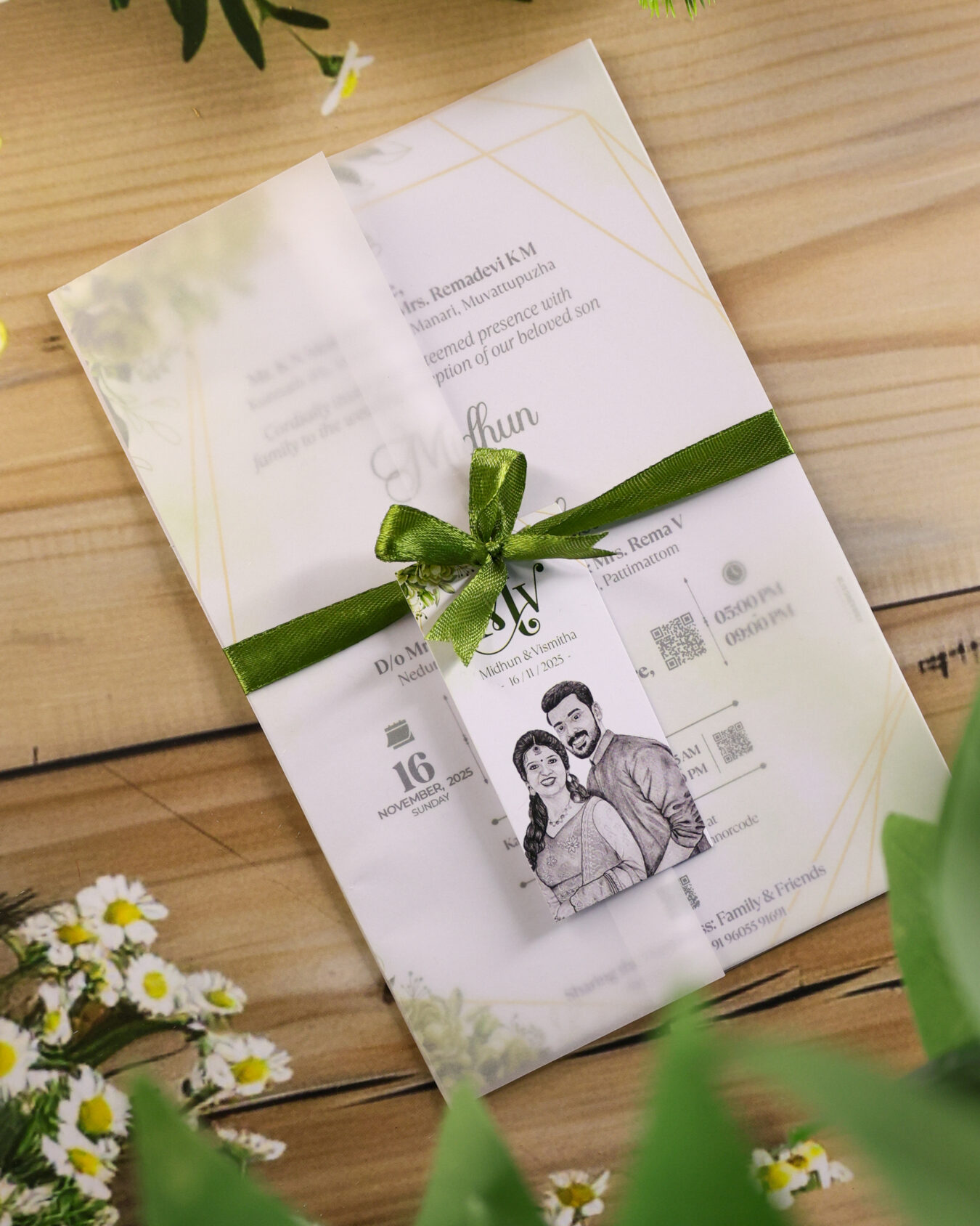 Elegant Green Transparent Fold Card with Hand-Drawn Photo | Modern Vellum-Style Invitation