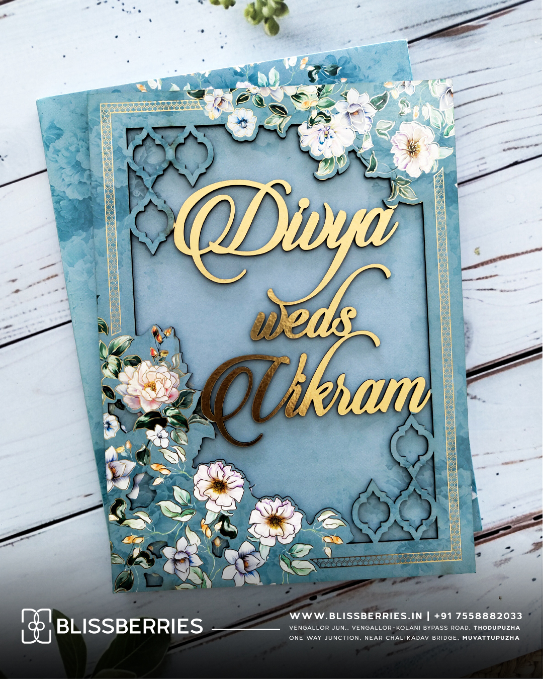 Premium Blue MDF Laser-Cut Floral Frame Wedding Invitation Card with Elegant Matching Floral Envelope