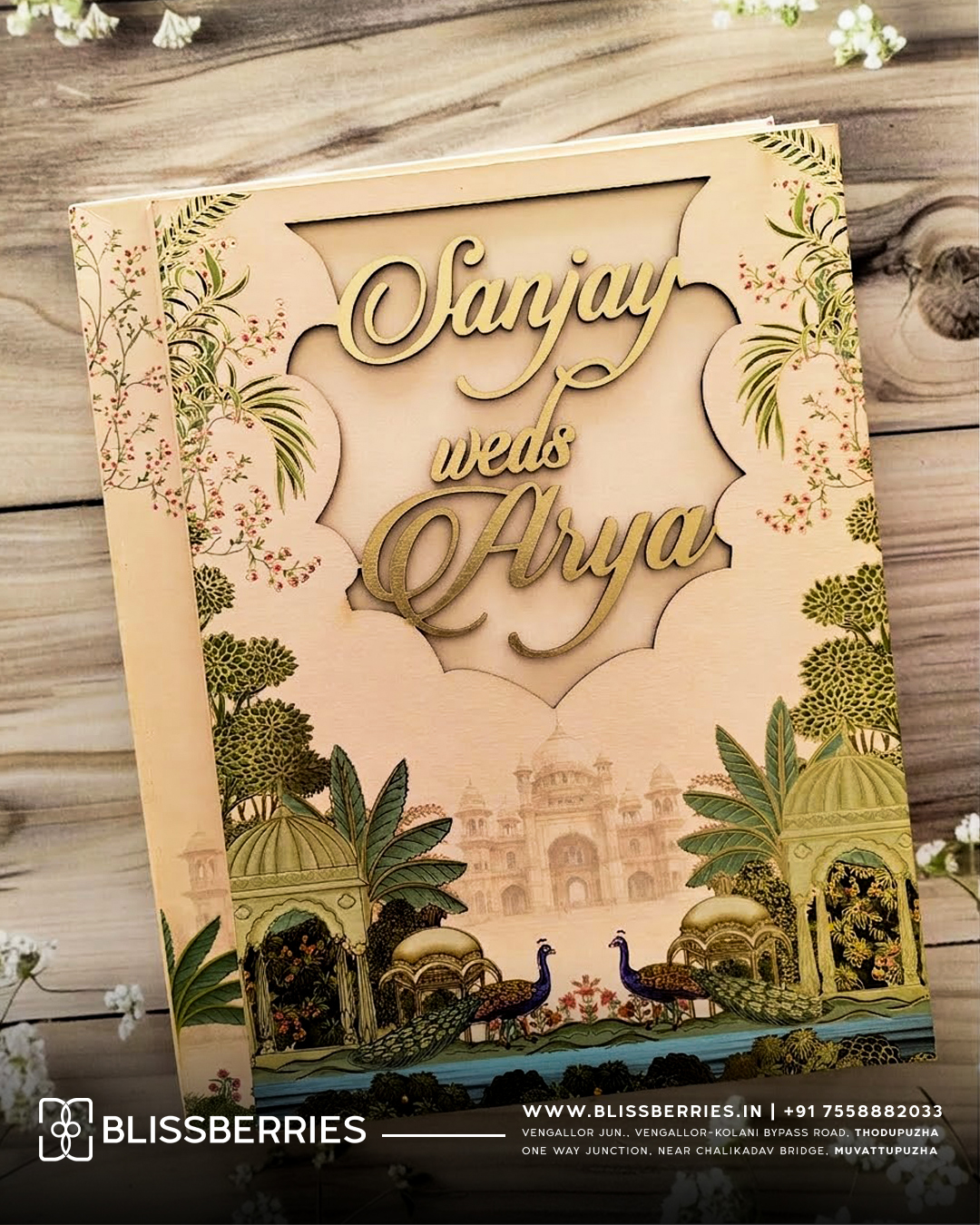 Premium Cream Royal Peacock MDF Laser-Cut Wedding Invitation Card with Elegant Floral Matching Envelope