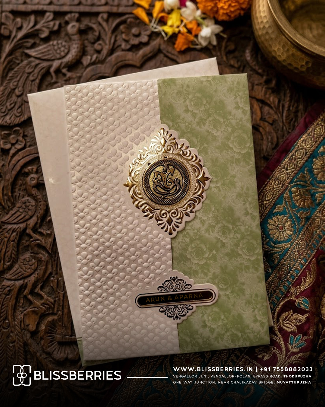 White & Green Ganesha Floral Wedding Invitation Card with Acrylic Nameplate, Customisable Emblem & Matching Envelope