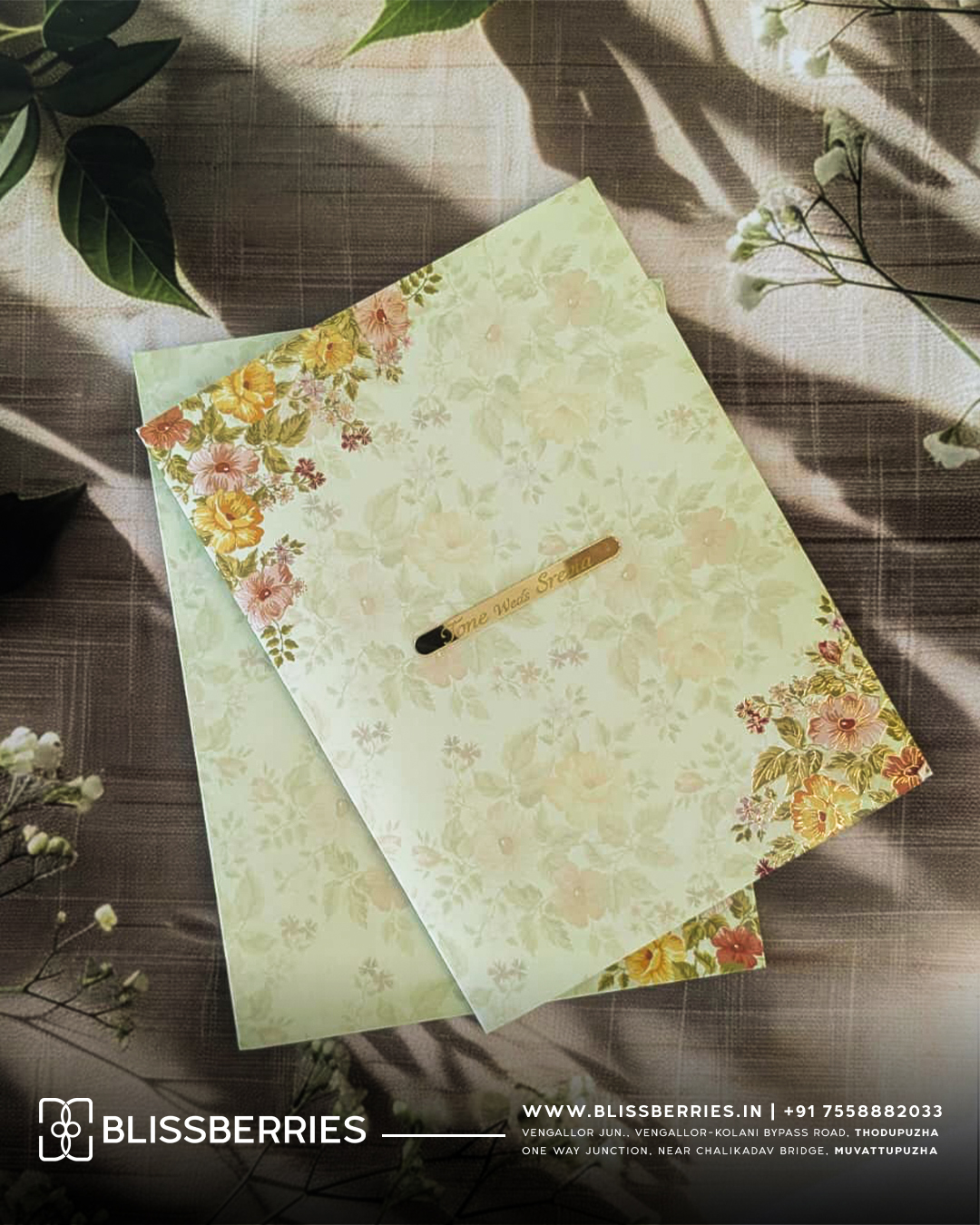 Light Green Floral Offset Wedding Invitation Card with Nameplate And Matching Floral Envelope