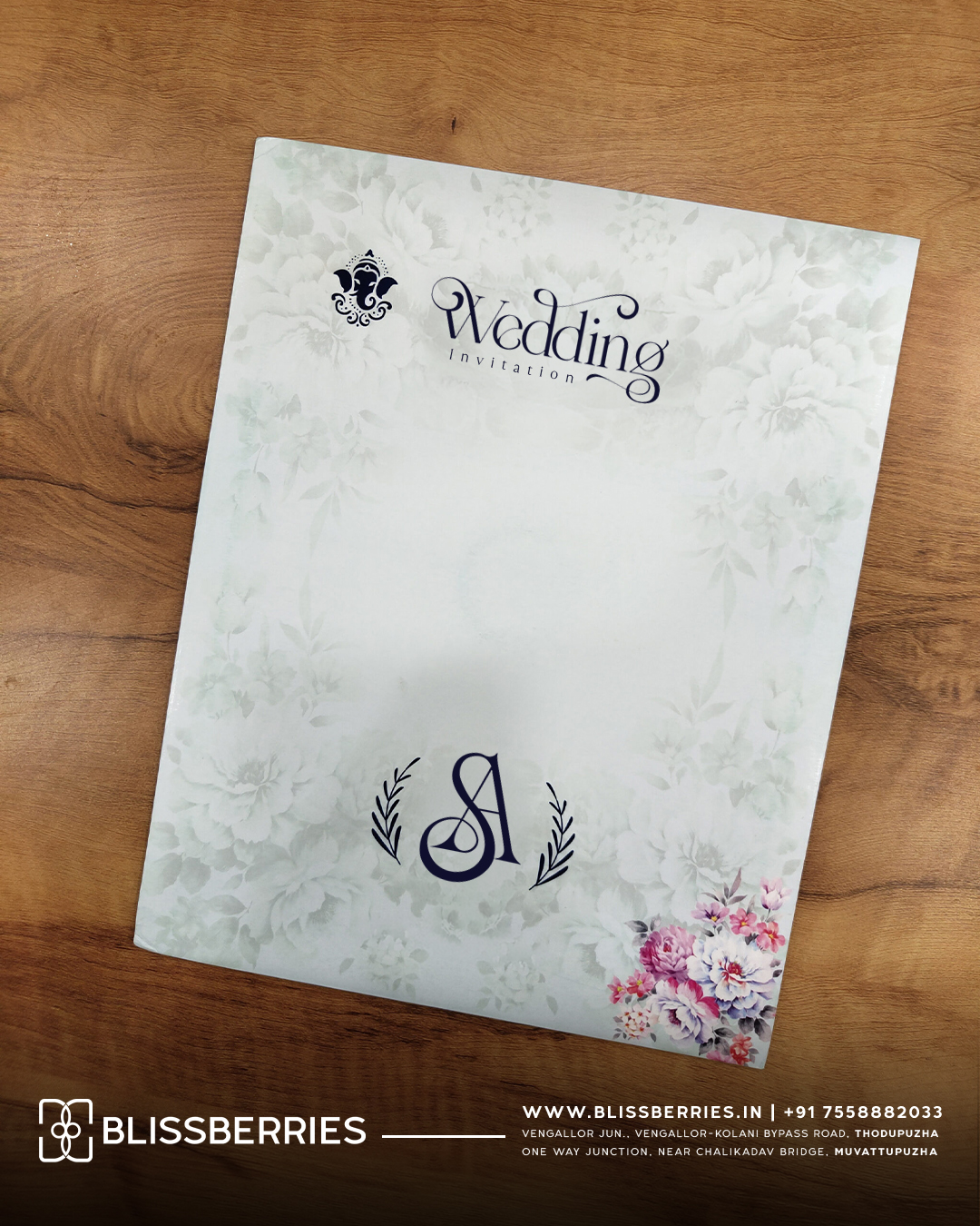 Light Blue Floral Wedding Invitation Card with Acrylic Nameplate, Customisable Emblem & Matching Envelope