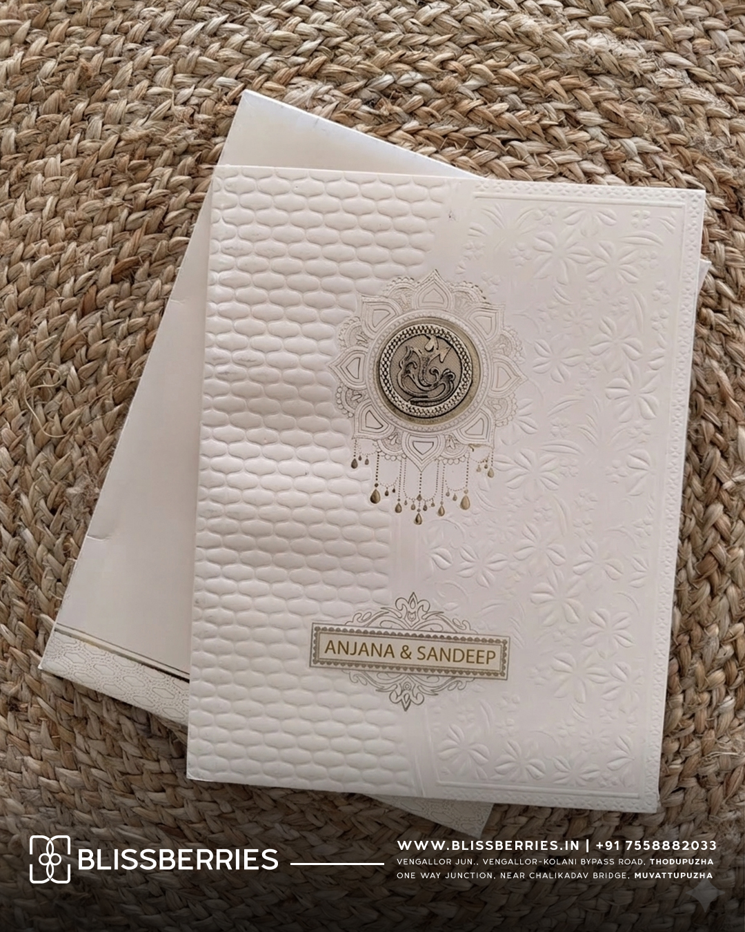 Premium Cream and Gold Box Wedding Invitation Card with Acrylic Nameplate