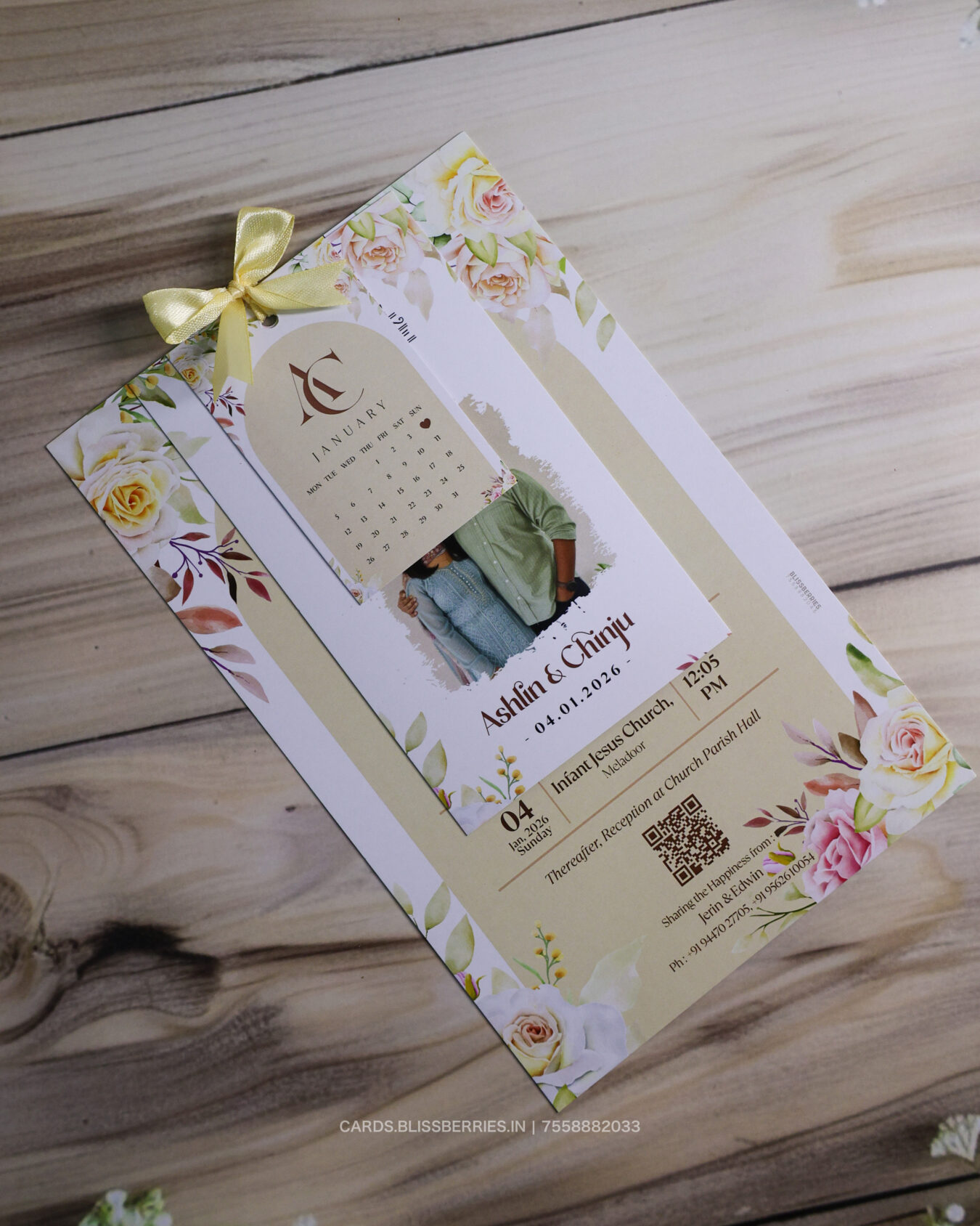 3 Layer Sandal Wedding Card with Ribbon - With Custom Couple image