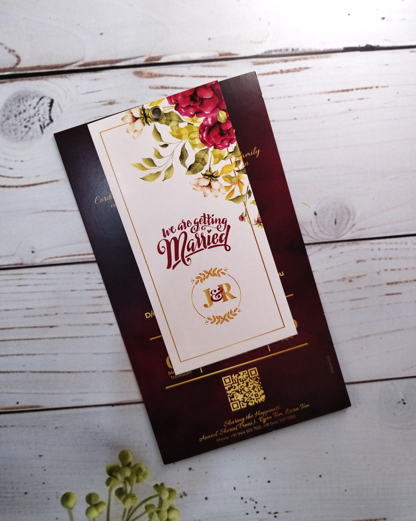 White and Maroon Floral 2-Layer Wedding Invitation Card