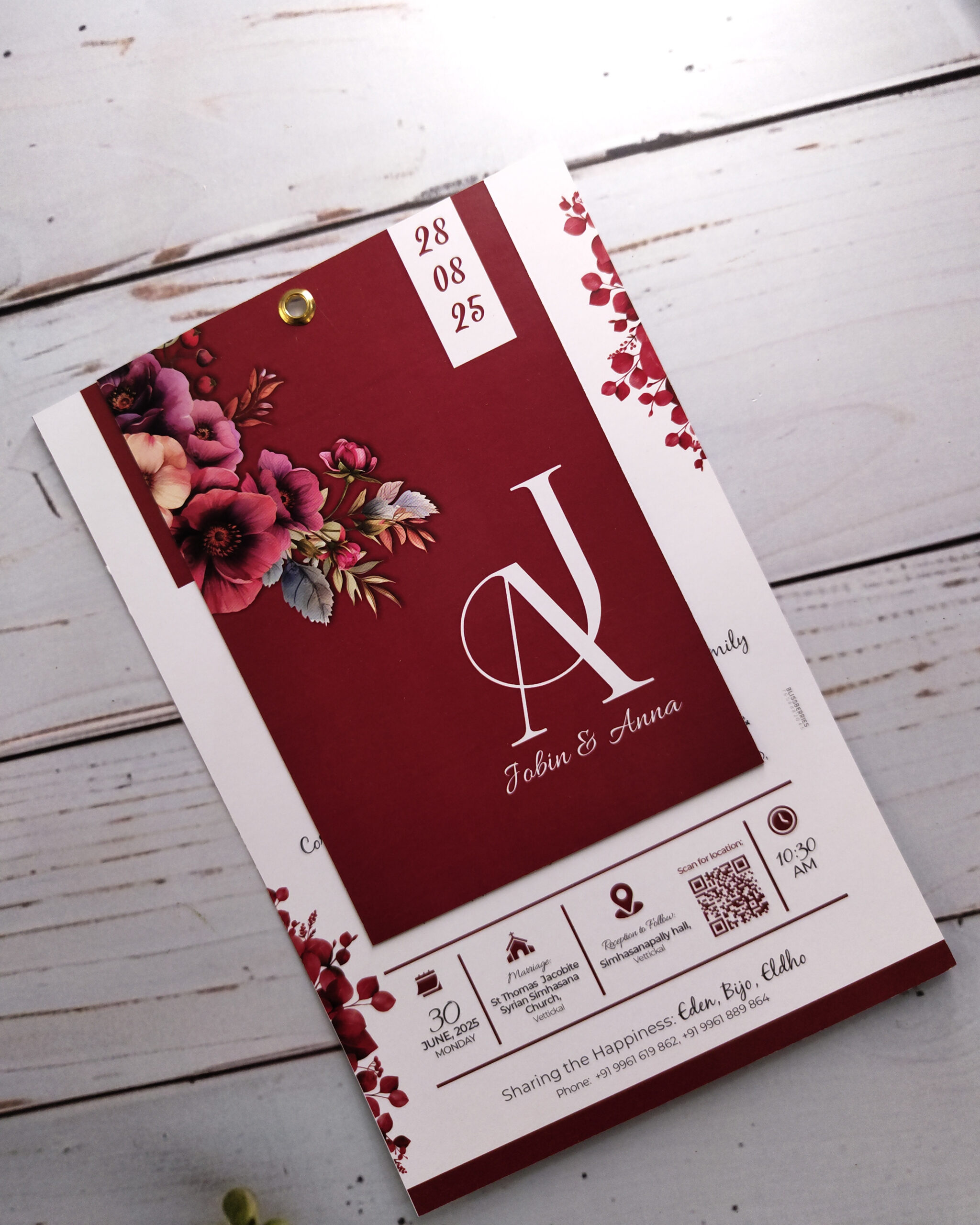 Elegant White and Maroon Floral 2-Layer Wedding Invitation Card