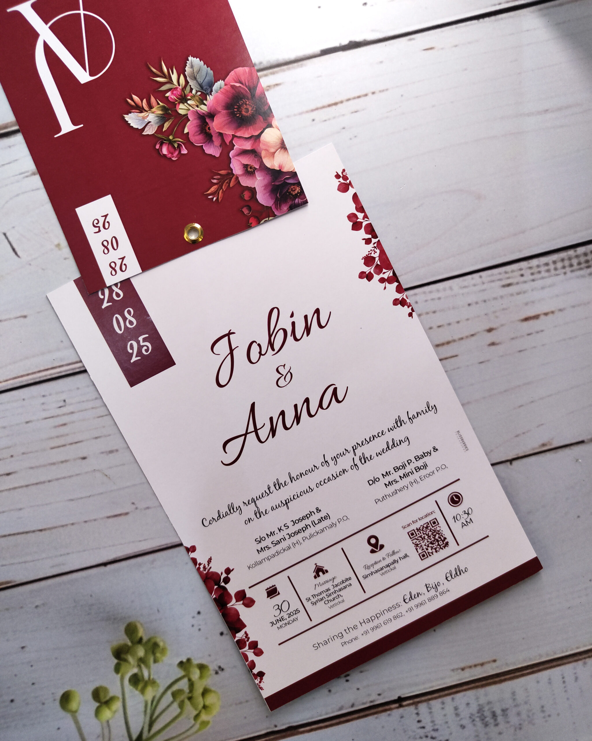 Elegant White and Maroon Floral 2-Layer Wedding Invitation Card - Image 2