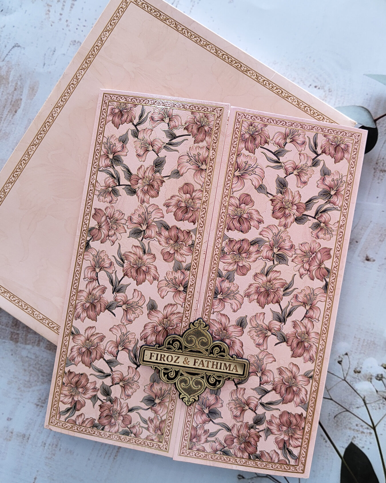 Premium Pale Pink Floral Box Wedding Card with Acrylic Nameplate