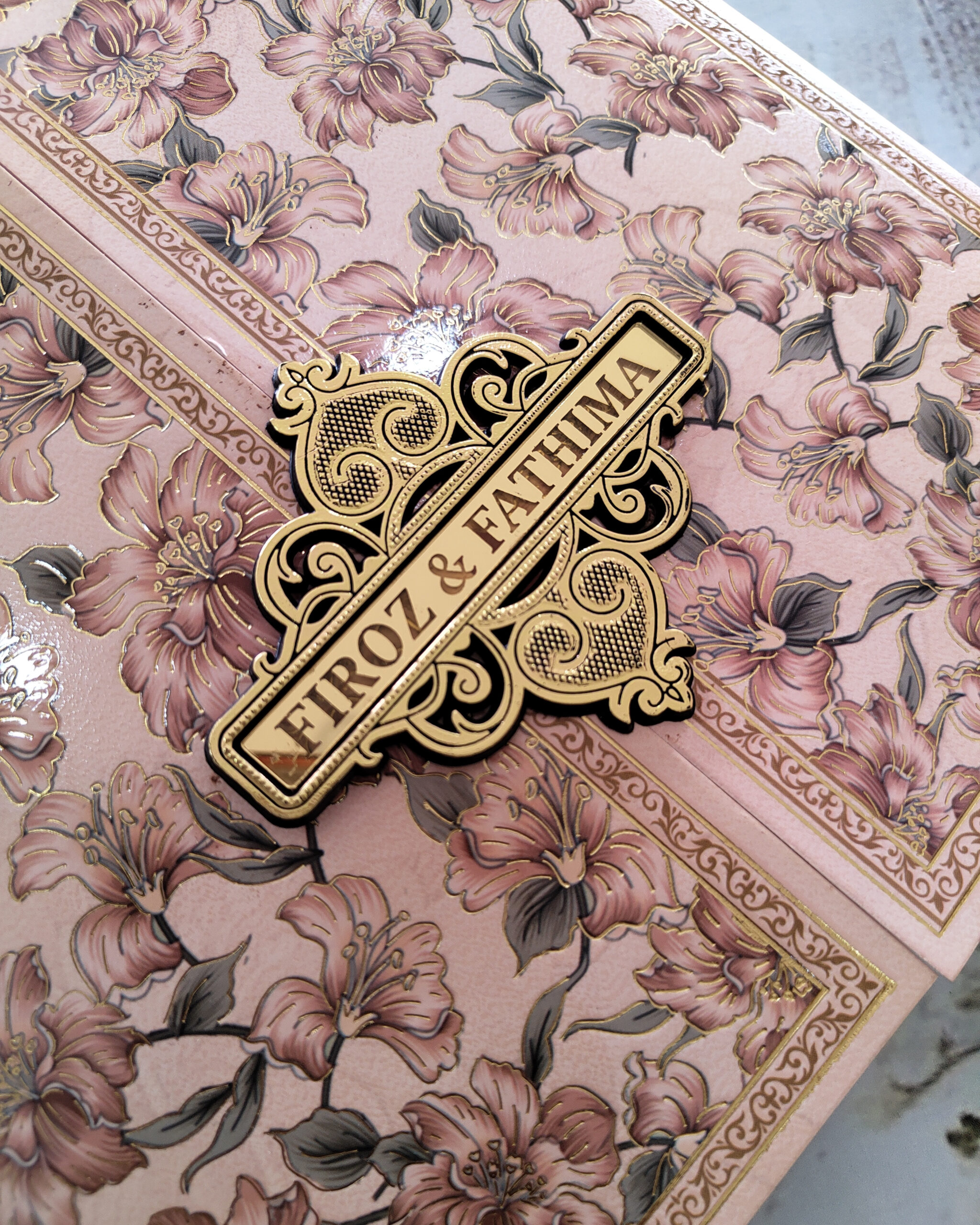 Premium Pale Pink Floral Box Wedding Card with Acrylic Nameplate - Image 4