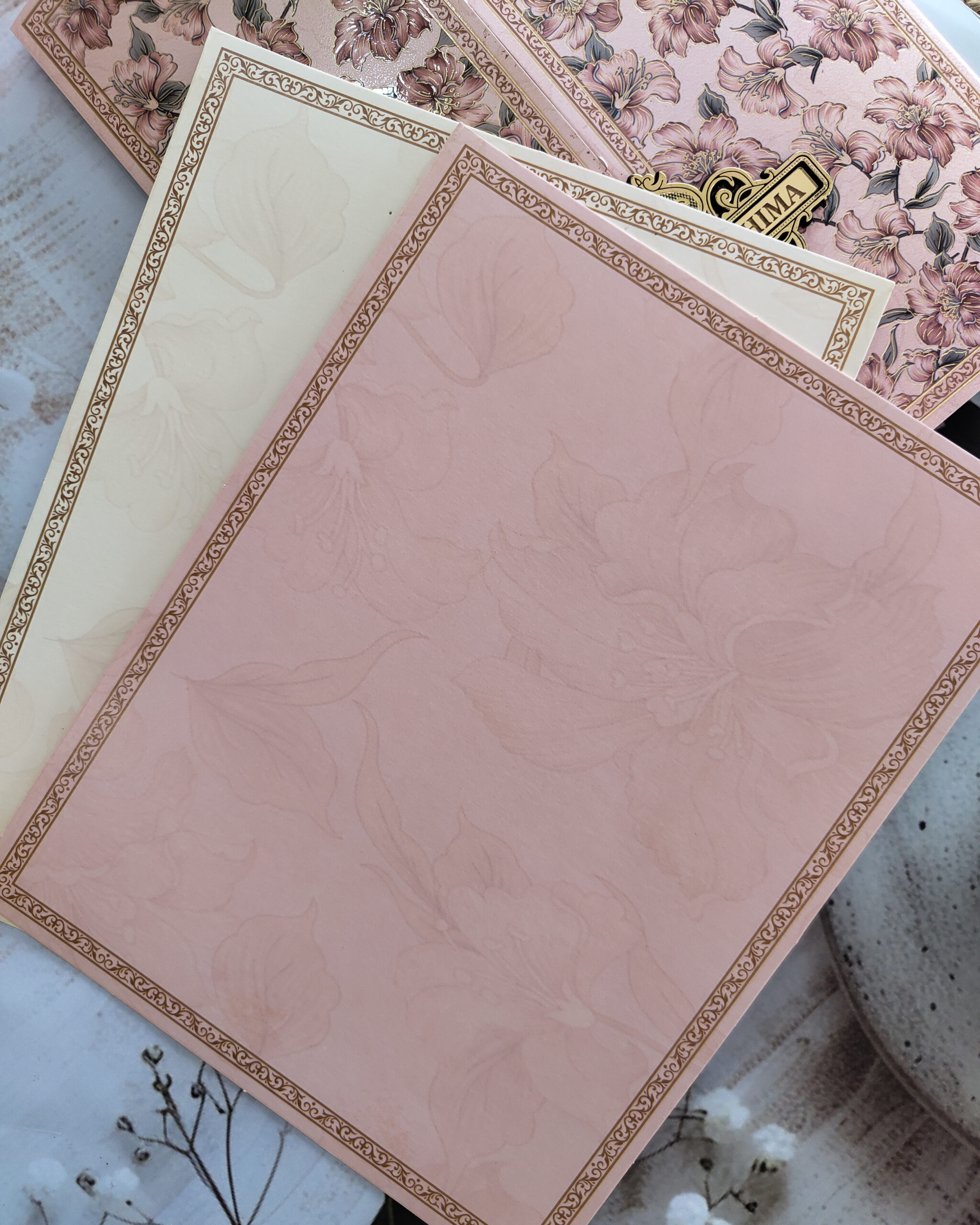 Premium Pale Pink Floral Box Wedding Card with Acrylic Nameplate - Image 6