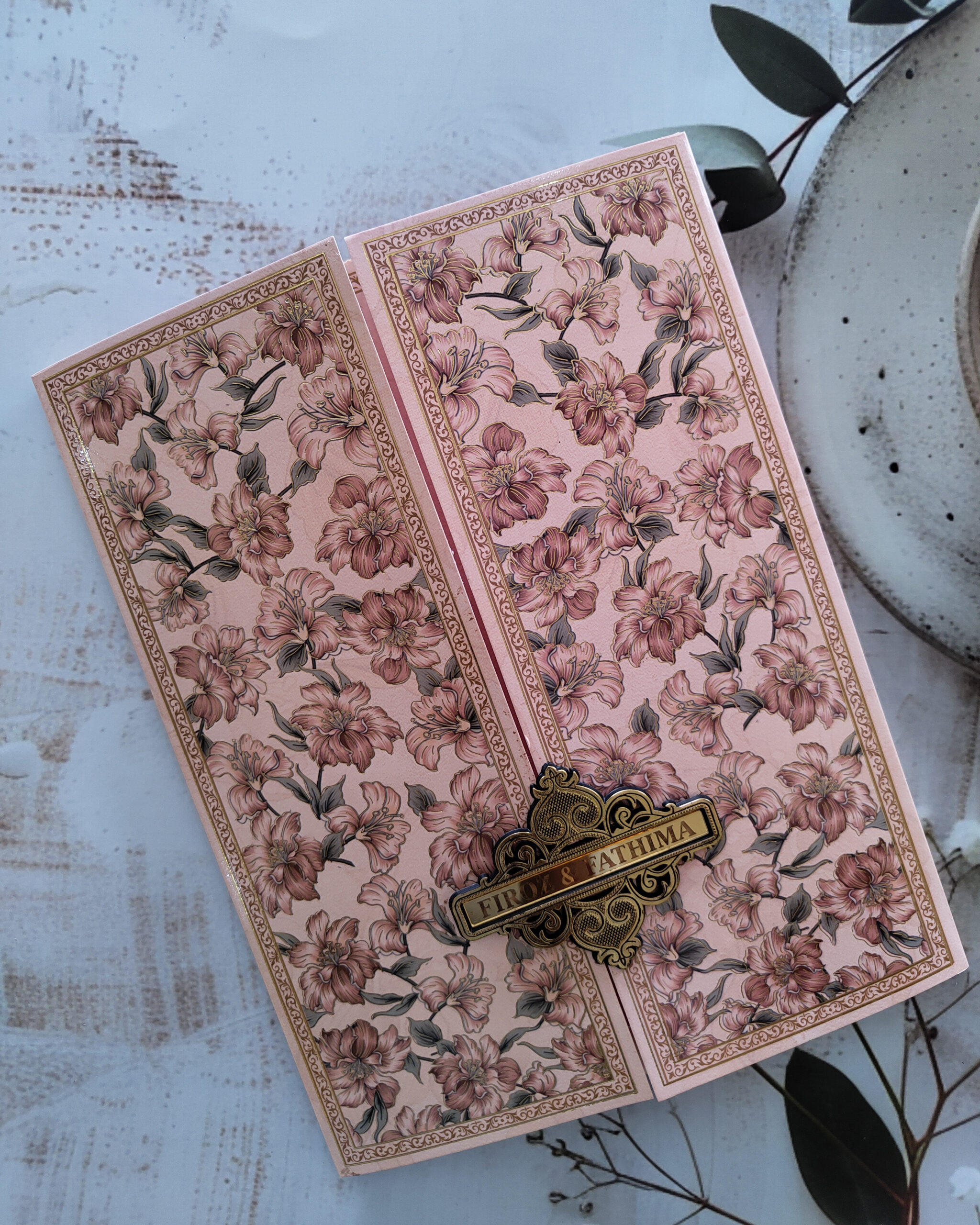 Premium Pale Pink Floral Box Wedding Card with Acrylic Nameplate - Image 2