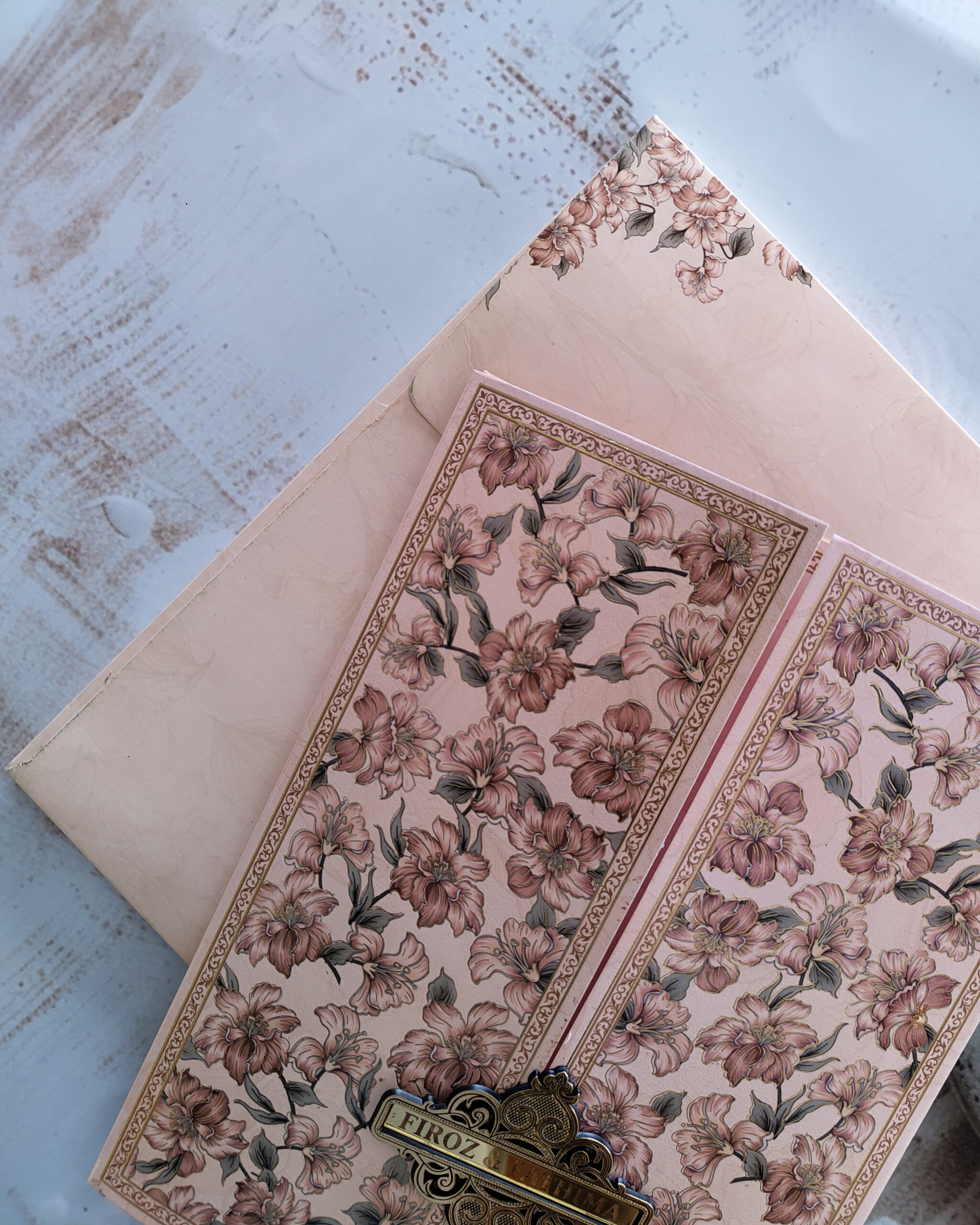 Premium Pale Pink Floral Box Wedding Card with Acrylic Nameplate - Image 5