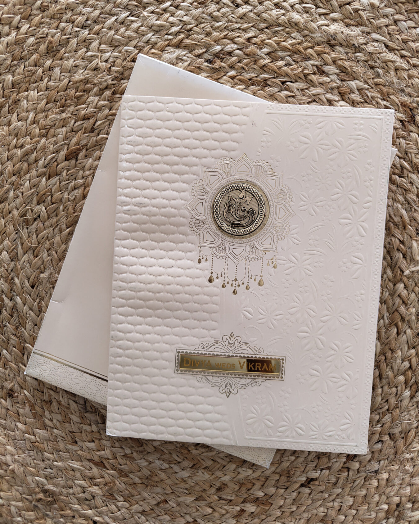 Premium Cream and Gold Box Wedding Invitation Card with Acrylic Nameplate