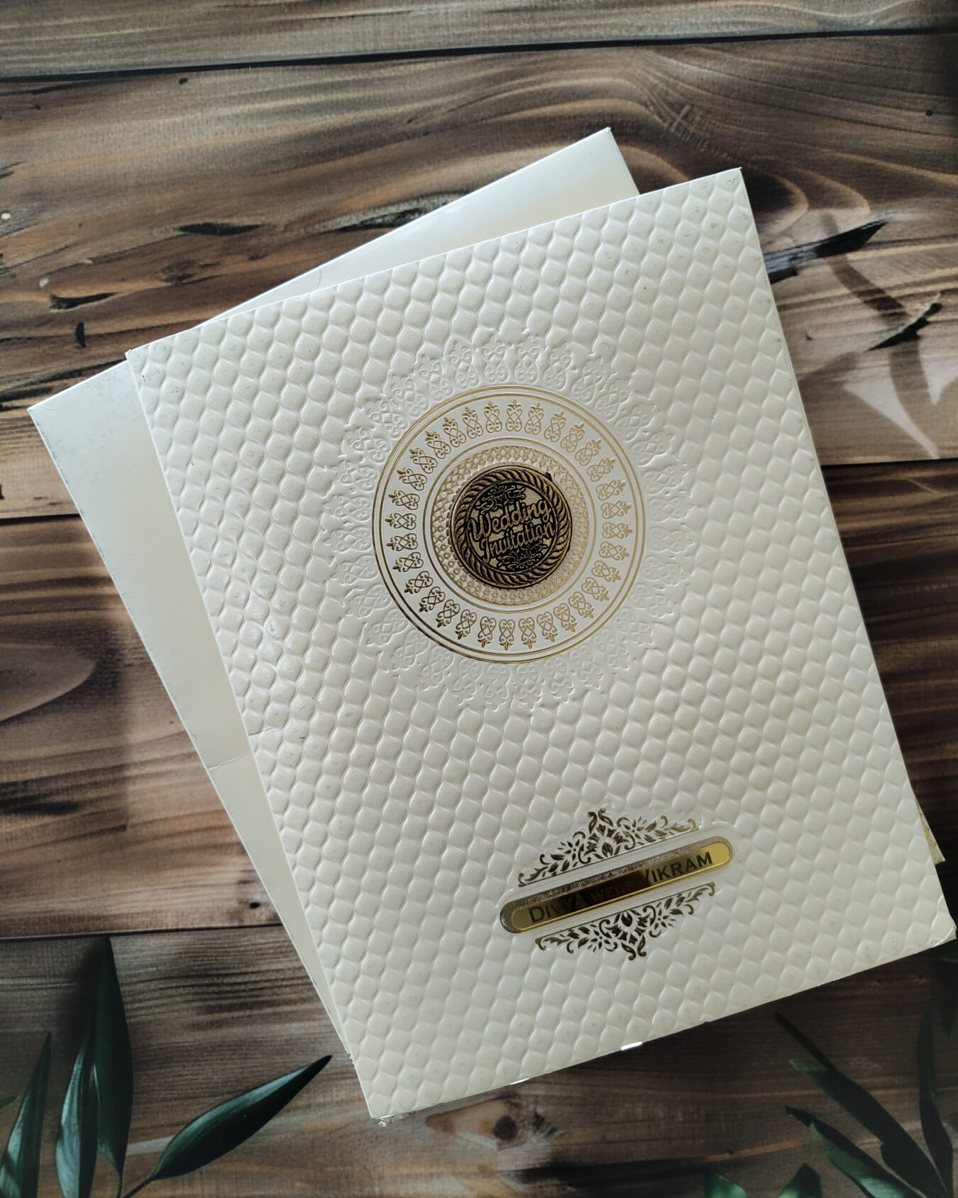 Premium Off White Box Wedding Invitation Card With Avrylic Nameplate