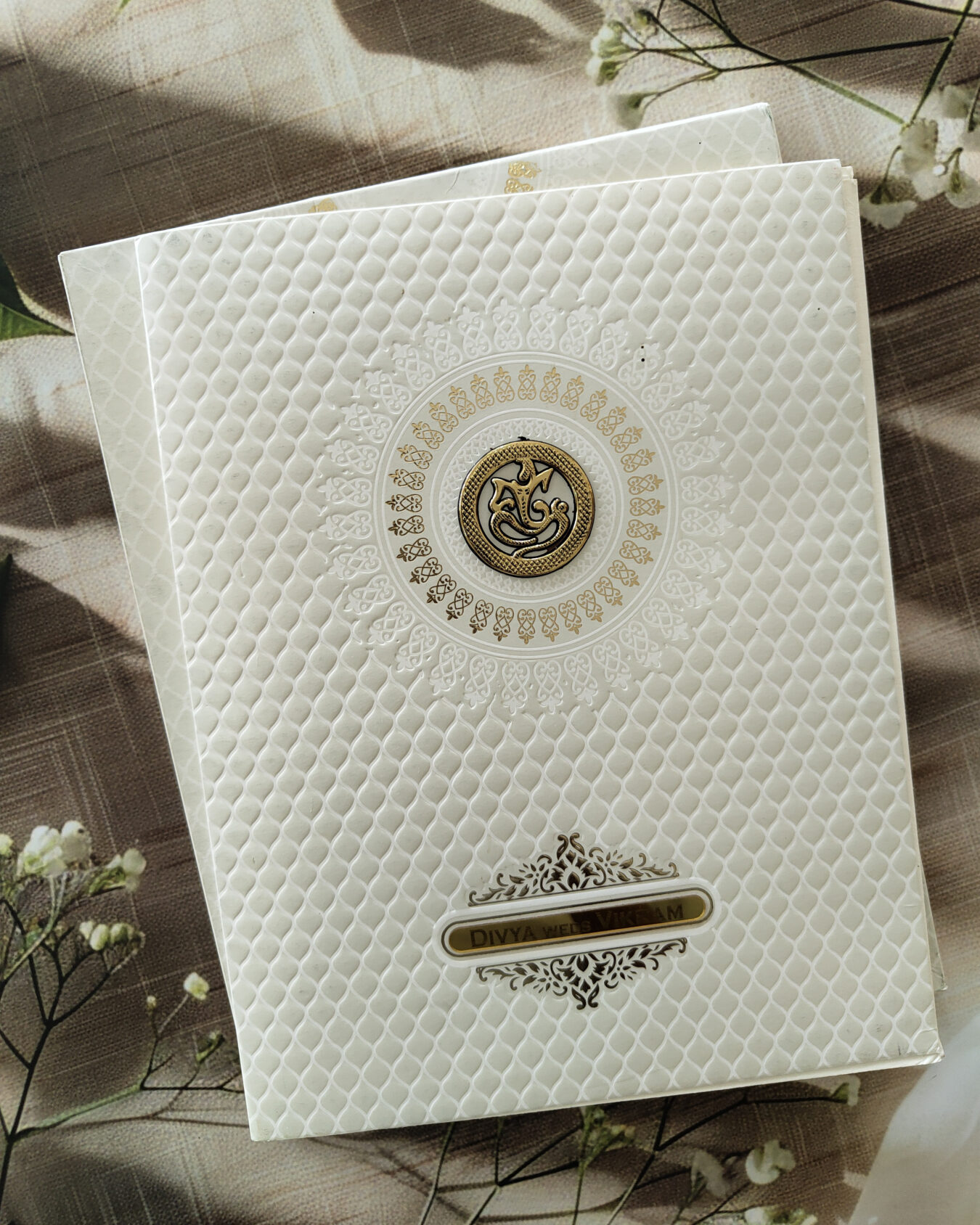 Premium White Gold Box Wedding Invitation Card With Avrylic Nameplate