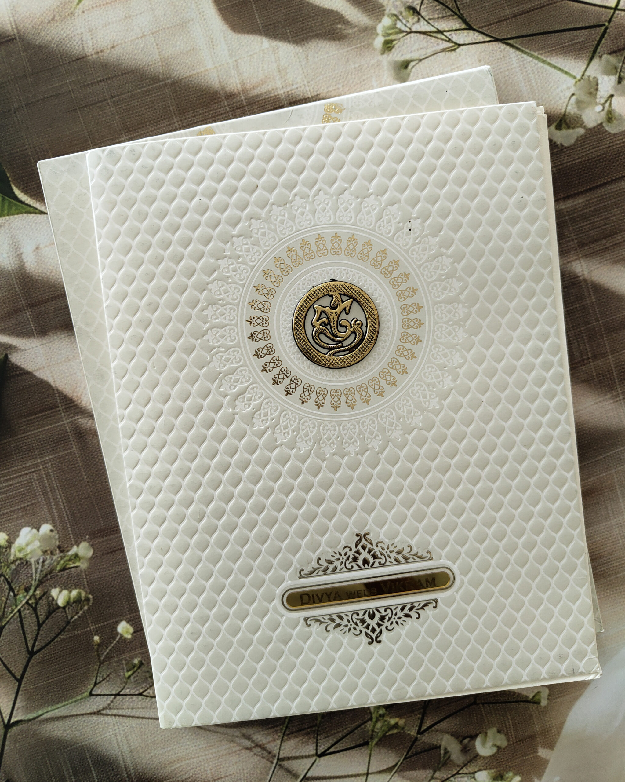 Premium White Gold Box Wedding Invitation Card With Avrylic Nameplate