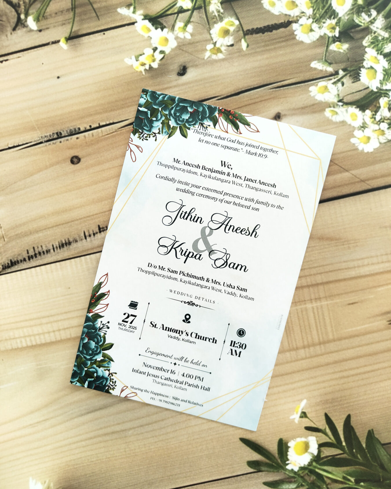 White and Green Floral Christian Single Layer Wedding Invitation Card