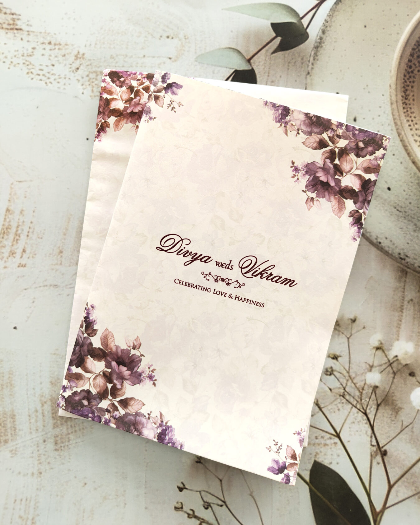 Purple Floral Wedding Invitation Card with Envelope