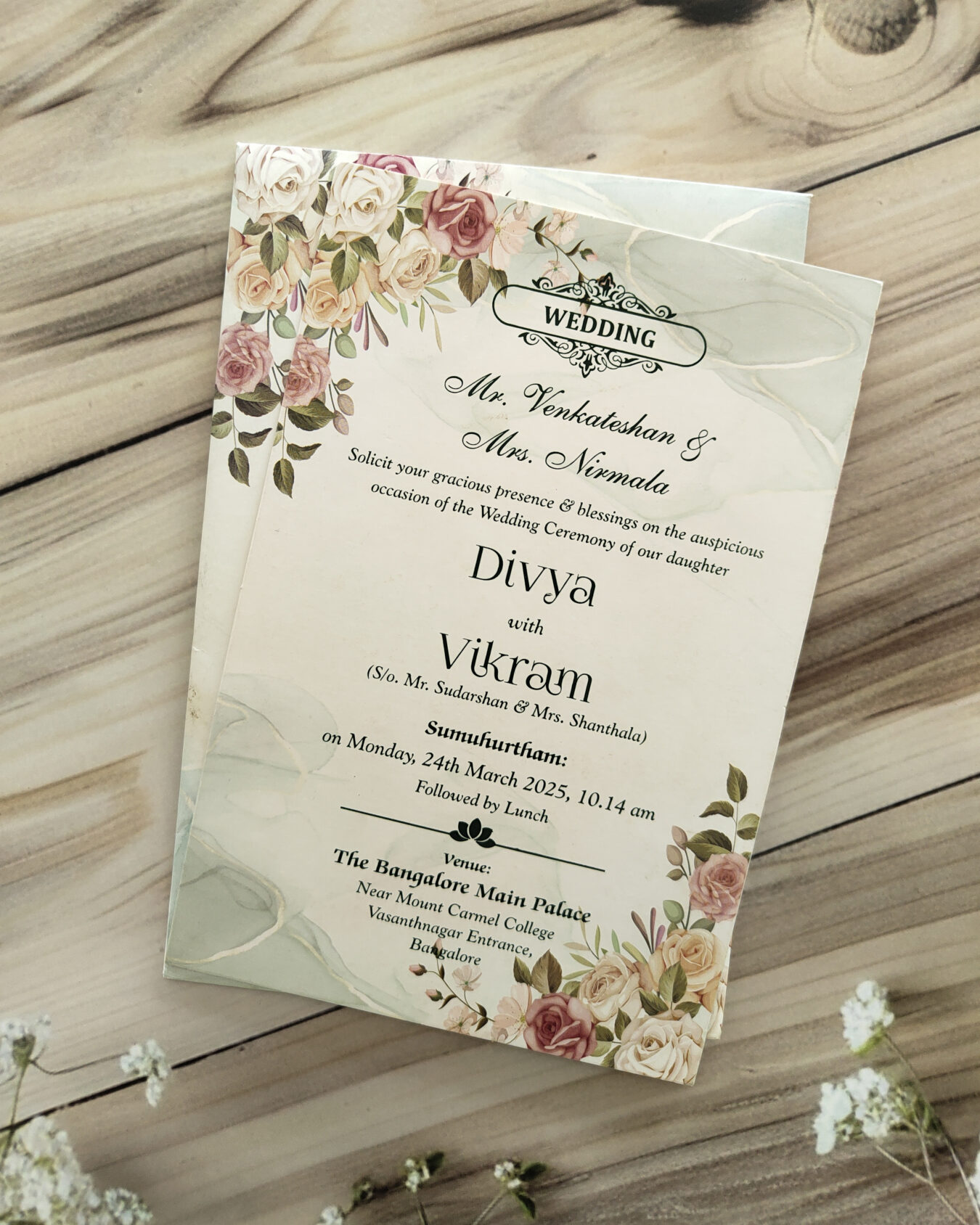 Light Green Floral Wedding Card with Matching Envelope