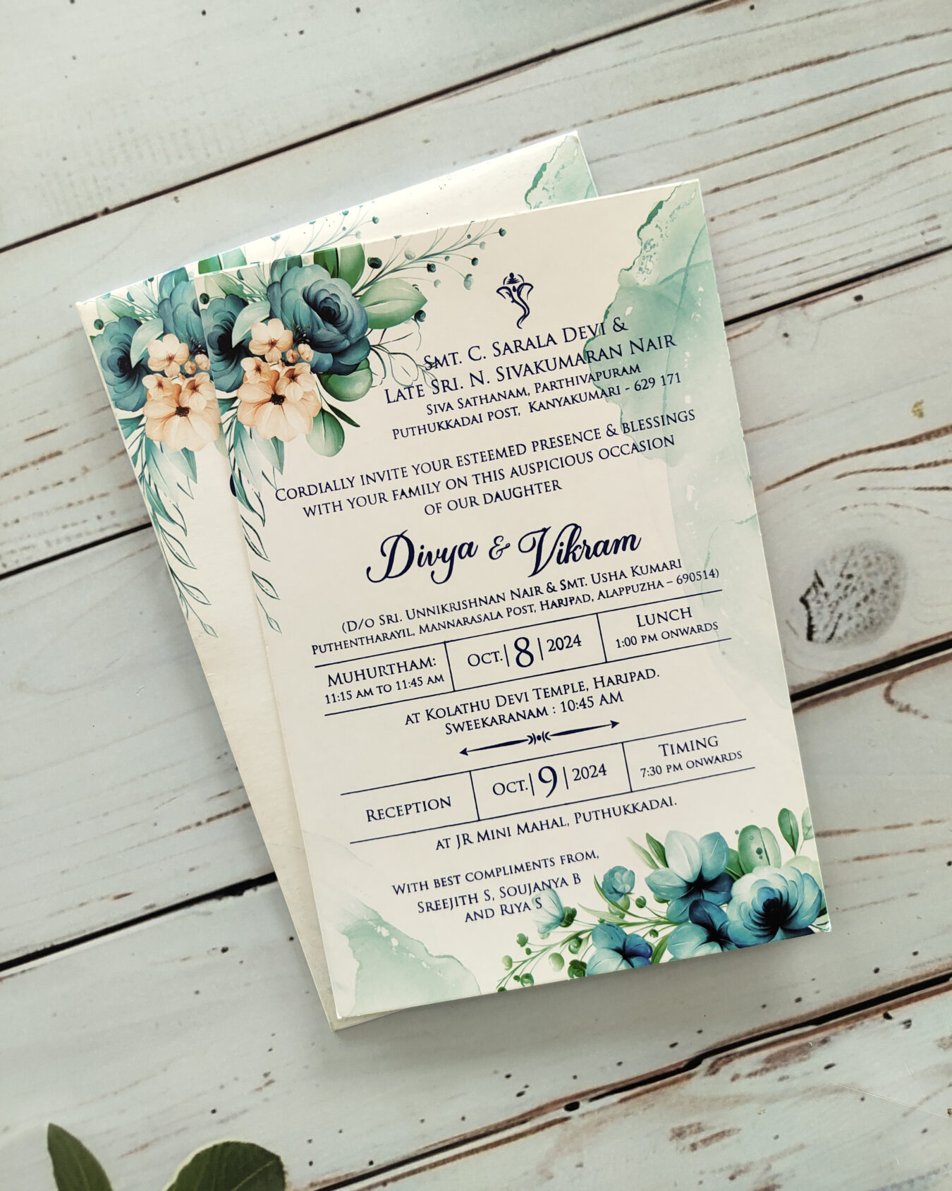 Blue Floral Wedding Card with Matching Envelope